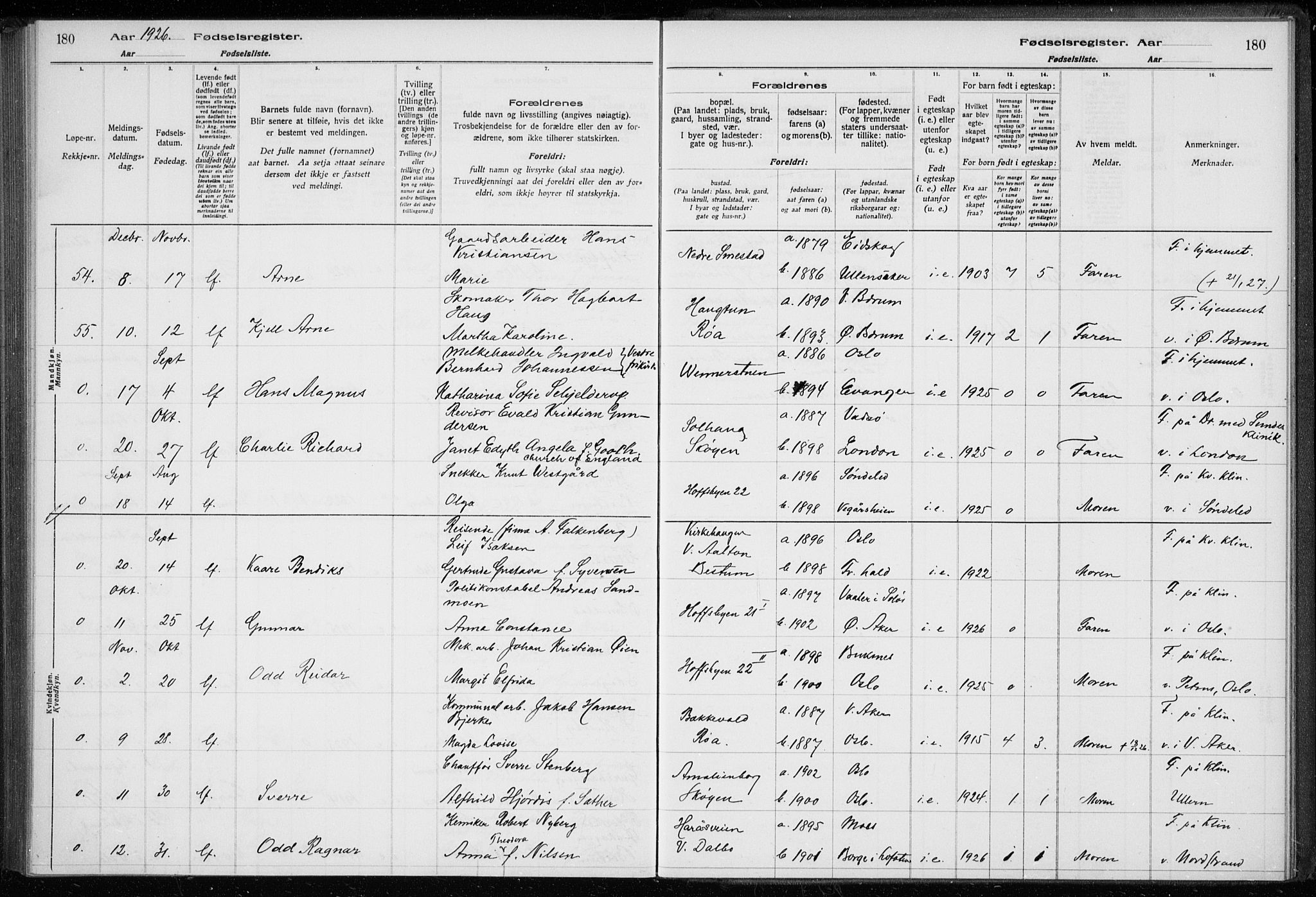 Ullern prestekontor Kirkebøker, AV/SAO-A-10740/J/L0001: Birth register no. 1, 1916-1928, p. 180