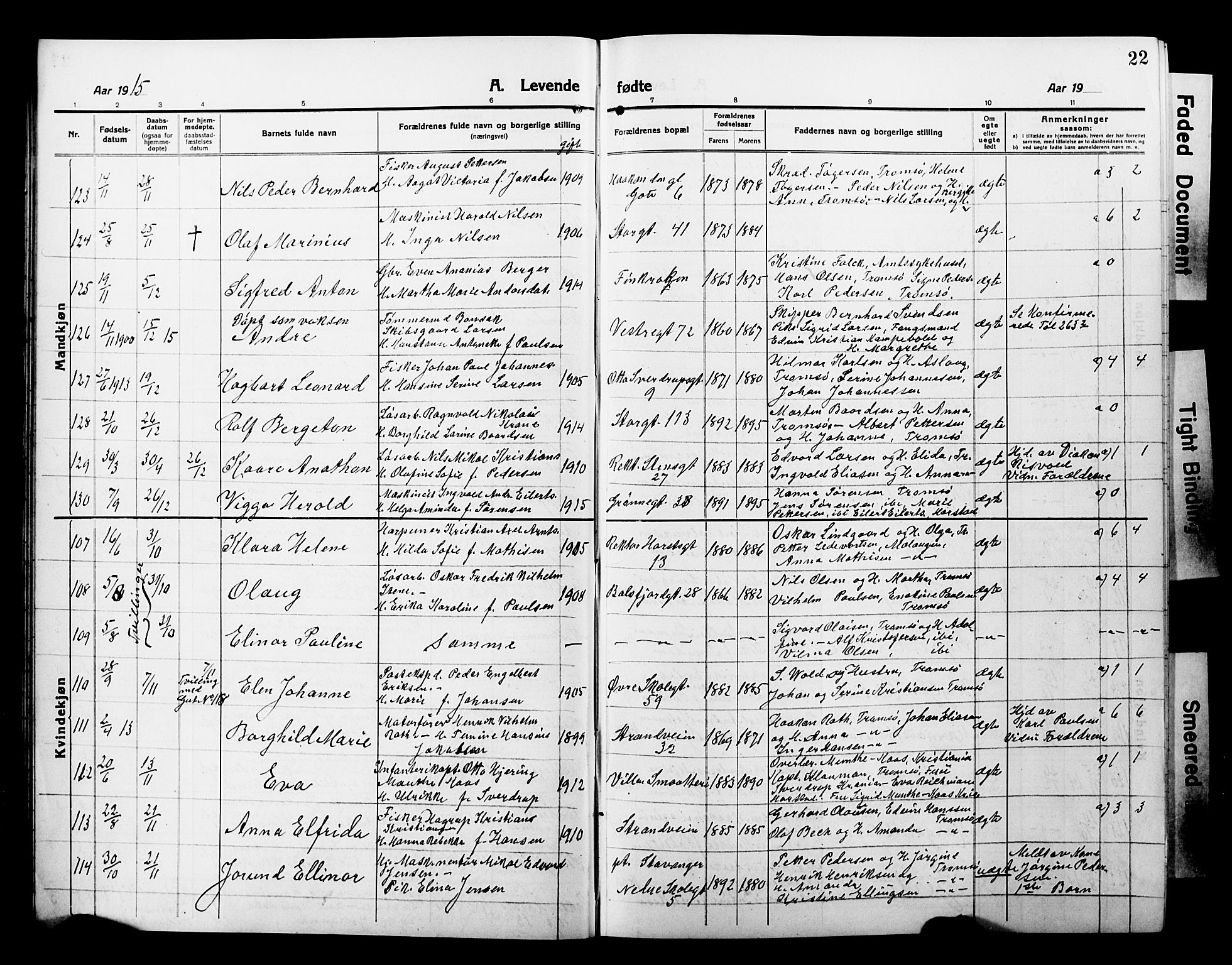 Tromsø sokneprestkontor/stiftsprosti/domprosti, AV/SATØ-S-1343/G/Gb/L0009klokker: Parish register (copy) no. 9, 1915-1925, p. 22
