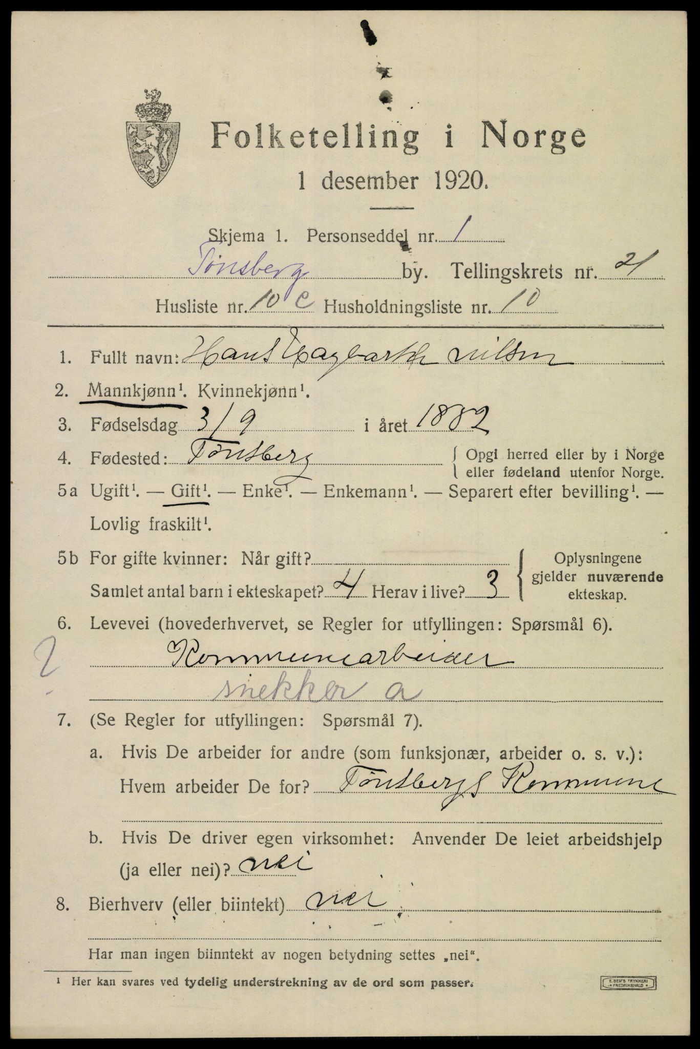 SAKO, 1920 census for Tønsberg, 1920, p. 30409