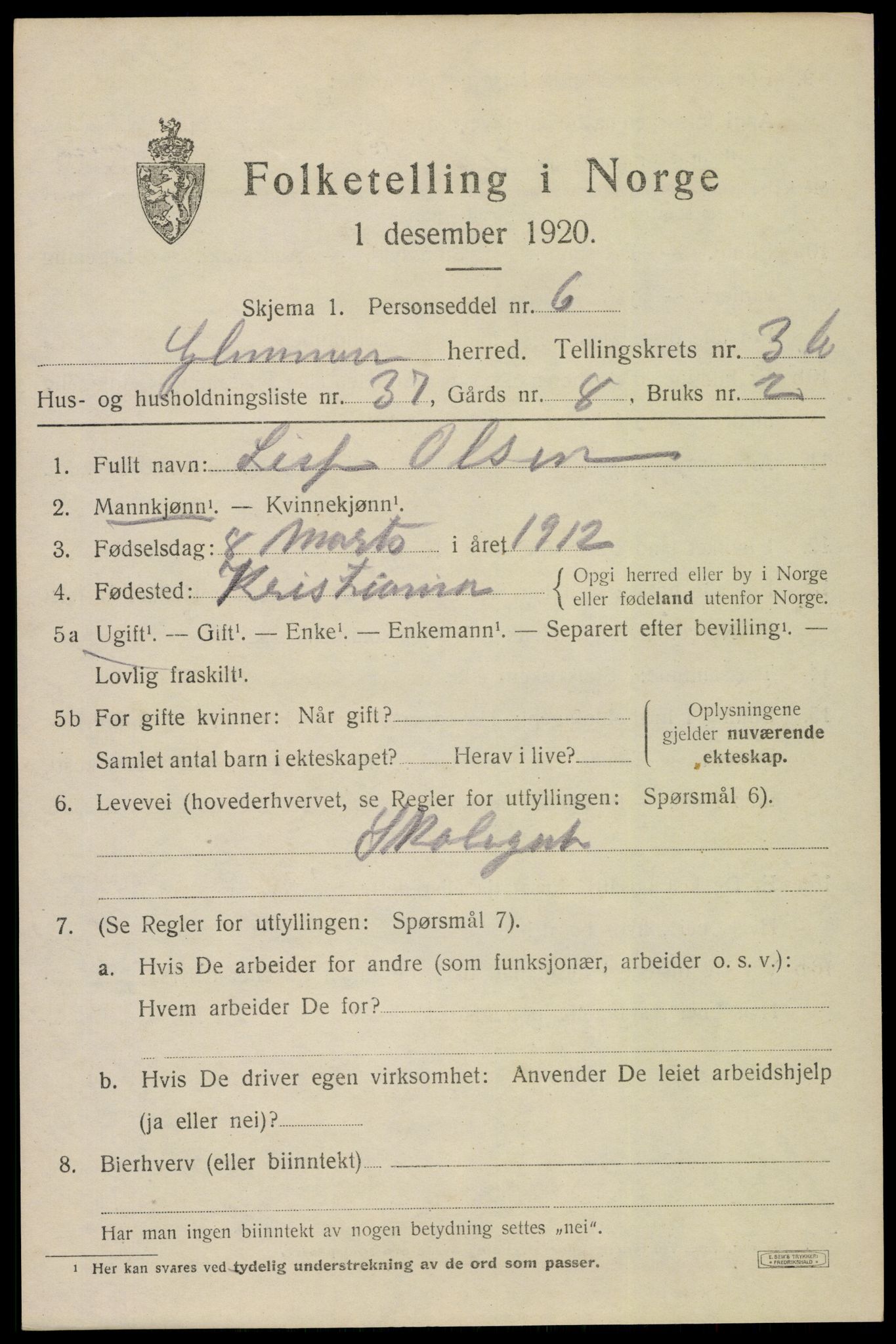 SAO, 1920 census for Glemmen, 1920, p. 9653