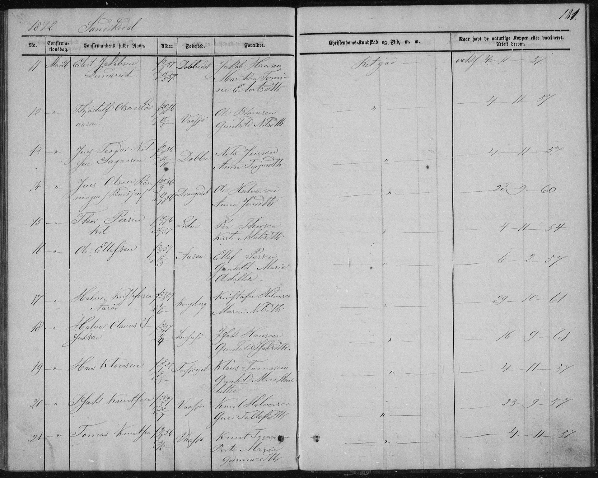 Sannidal kirkebøker, AV/SAKO-A-296/F/Fa/L0009: Parish register (official) no. 9, 1855-1873, p. 181