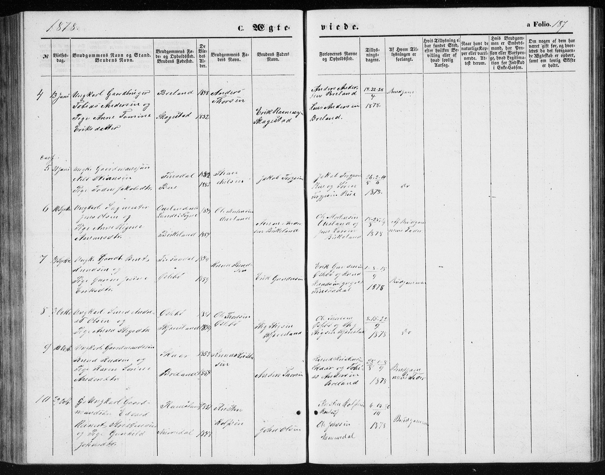 Holum sokneprestkontor, AV/SAK-1111-0022/F/Fb/Fbc/L0002: Parish register (copy) no. B 2, 1860-1882, p. 187