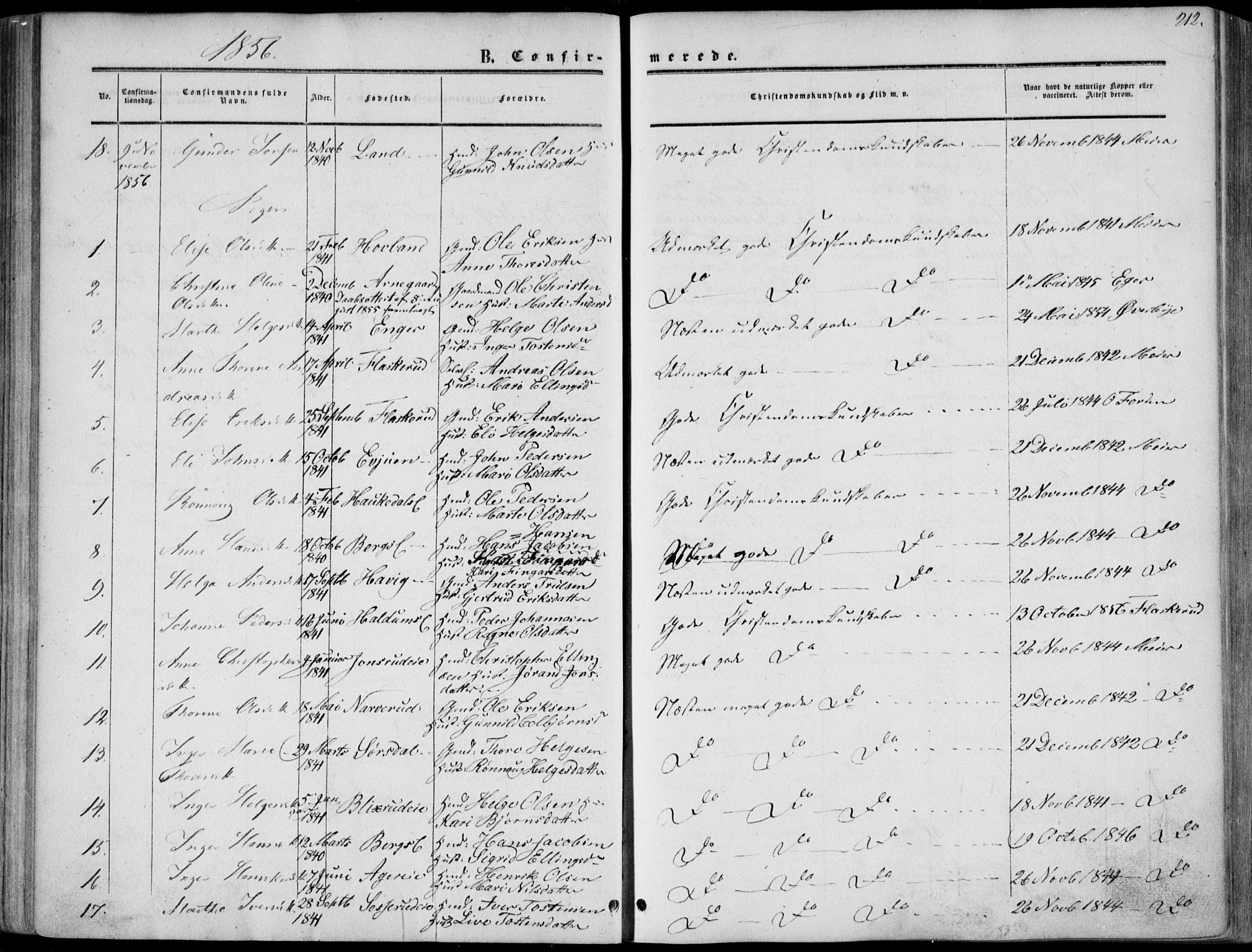 Norderhov kirkebøker, AV/SAKO-A-237/F/Fa/L0012: Parish register (official) no. 12, 1856-1865, p. 212