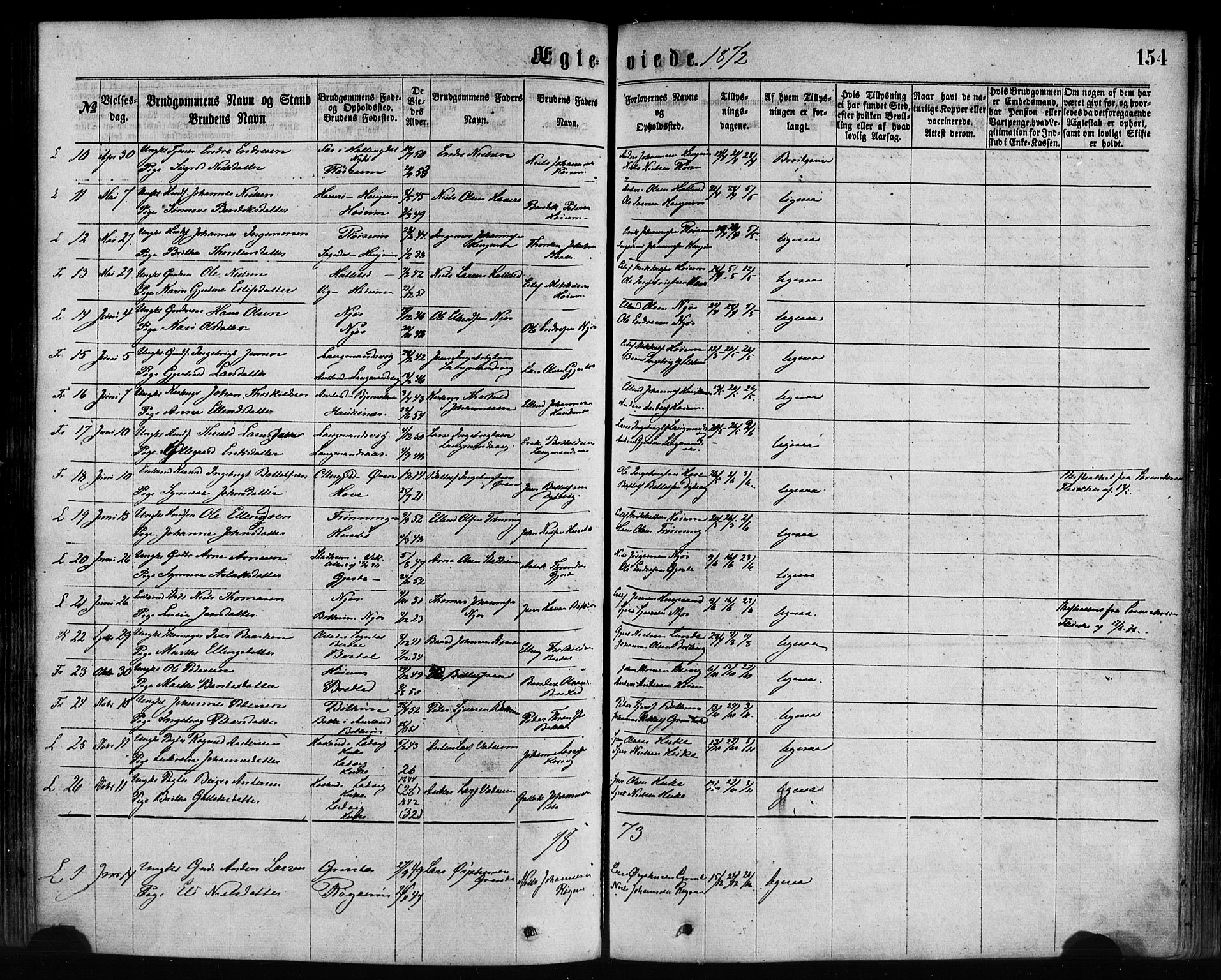 Leikanger sokneprestembete, SAB/A-81001: Parish register (official) no. A 9, 1869-1888, p. 154