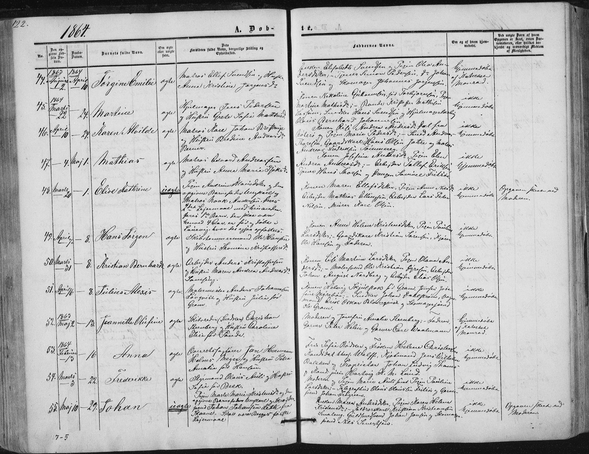 Tønsberg kirkebøker, AV/SAKO-A-330/F/Fa/L0008: Parish register (official) no. I 8, 1855-1864, p. 122