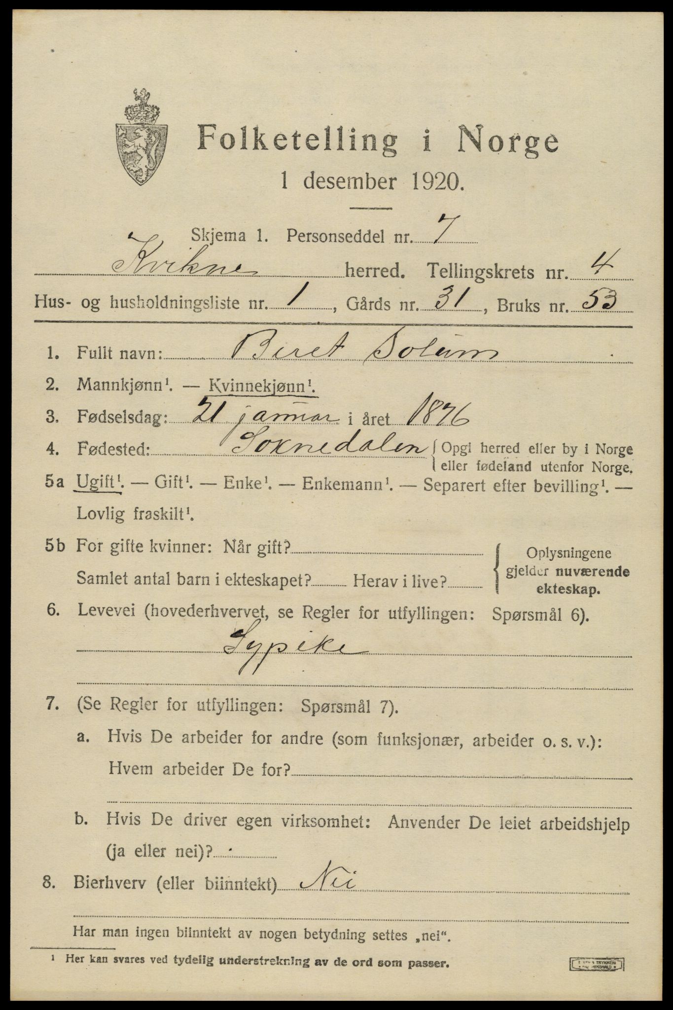 SAH, 1920 census for Kvikne, 1920, p. 1640