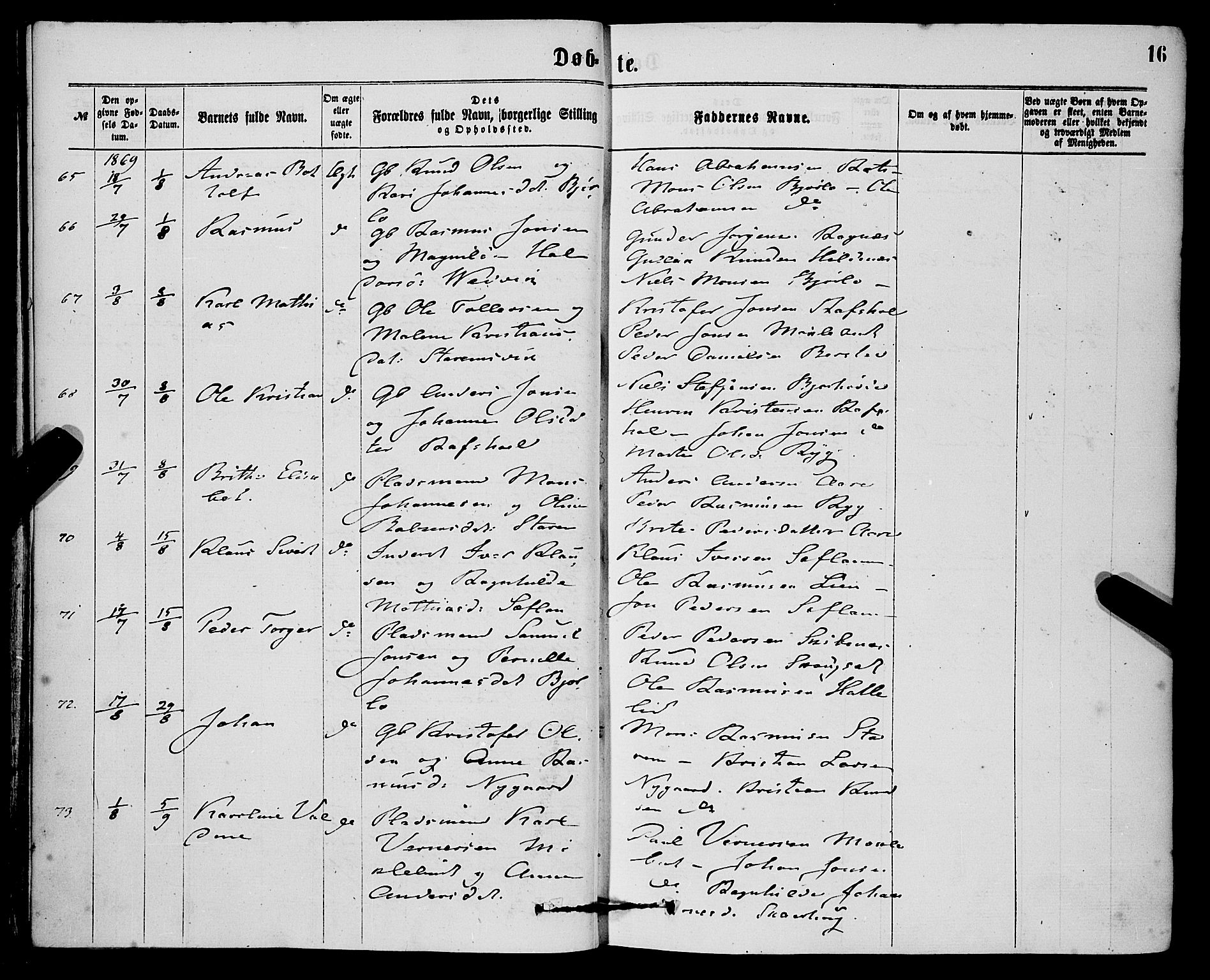 Eid sokneprestembete, AV/SAB-A-82301/H/Haa/Haaa/L0010: Parish register (official) no. A 10, 1867-1878, p. 16