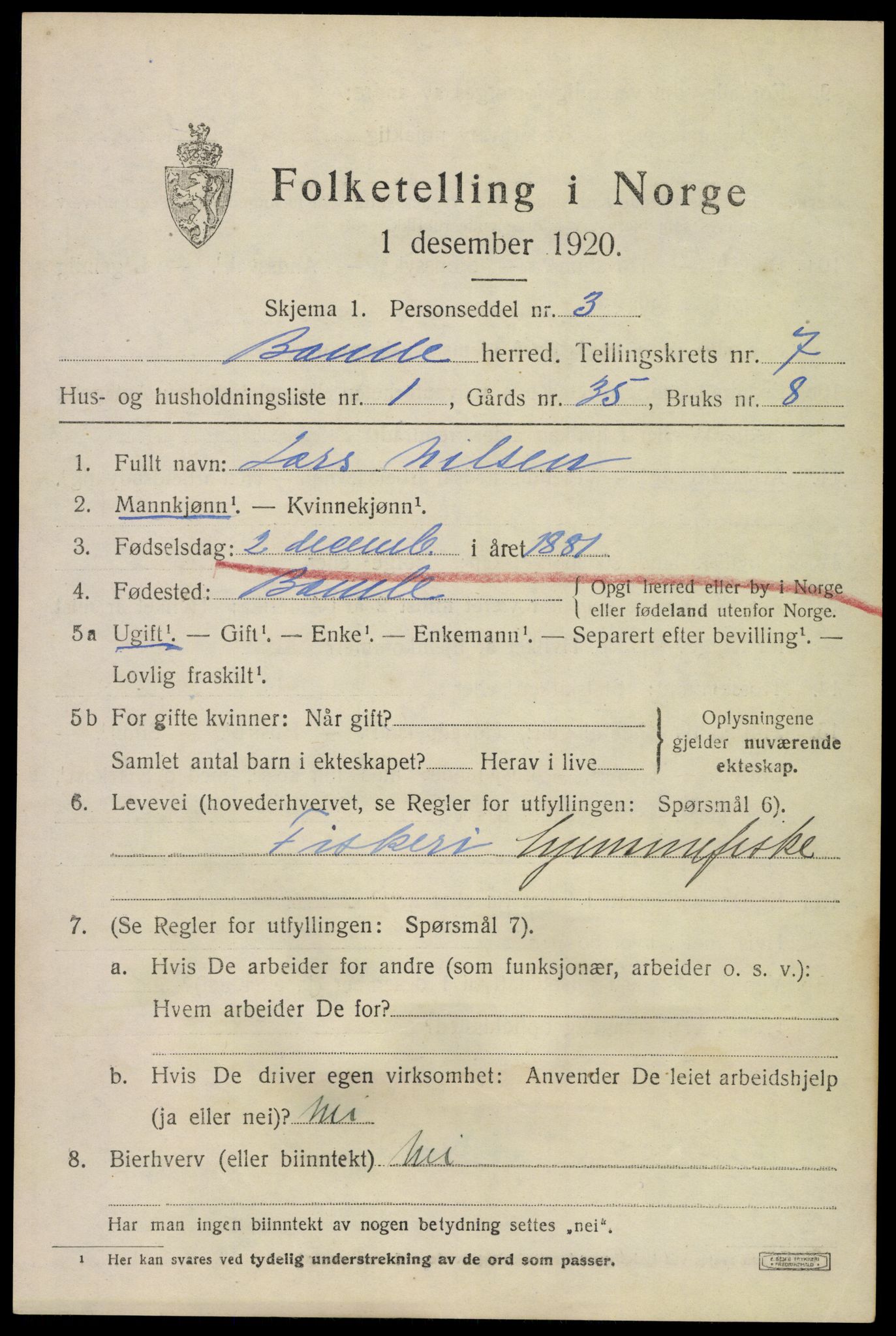 SAKO, 1920 census for Bamble, 1920, p. 6915