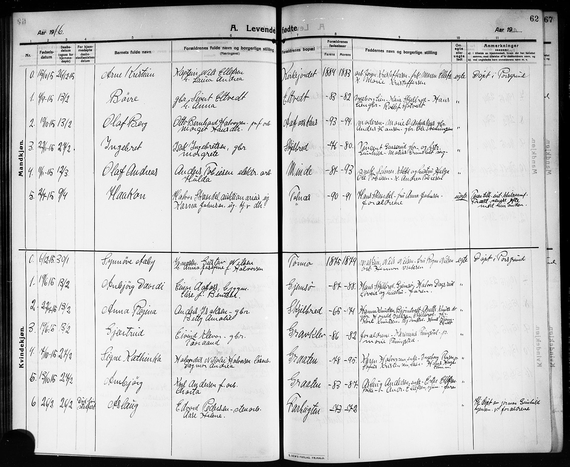 Solum kirkebøker, SAKO/A-306/G/Ga/L0009: Parish register (copy) no. I 9, 1909-1922, p. 62