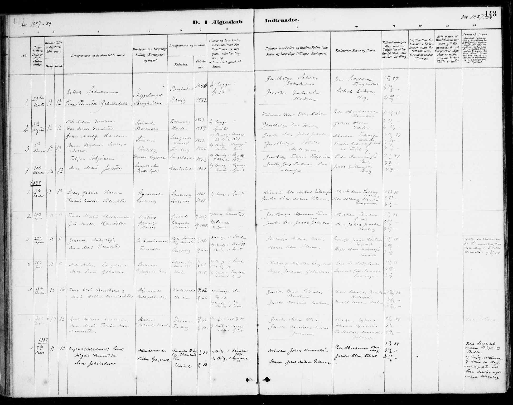 Herad sokneprestkontor, SAK/1111-0018/F/Fa/Fab/L0005: Parish register (official) no. A 5, 1886-1913, p. 143