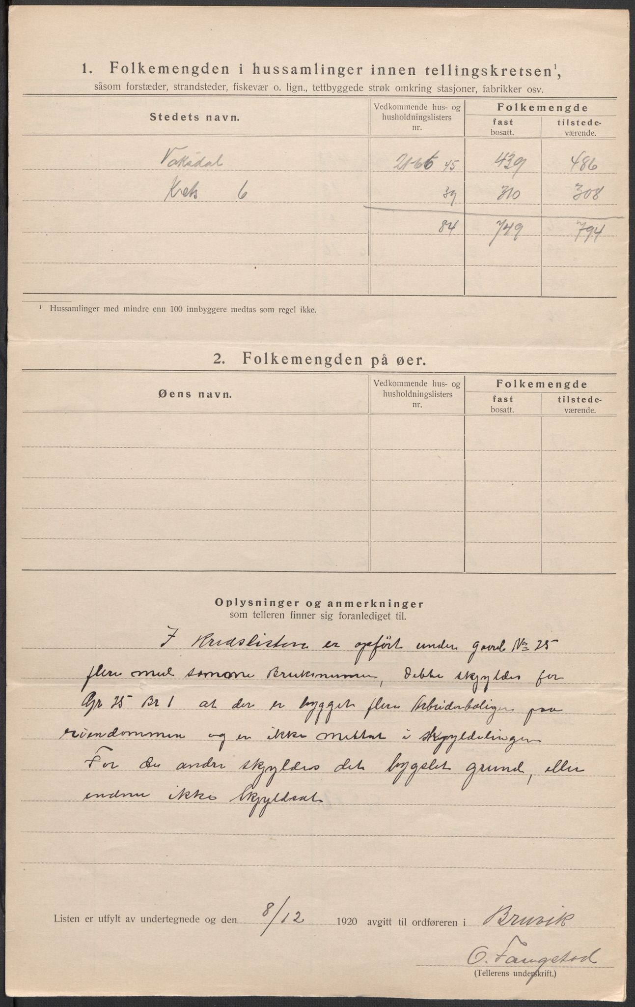 SAB, 1920 census for Bruvik, 1920, p. 20