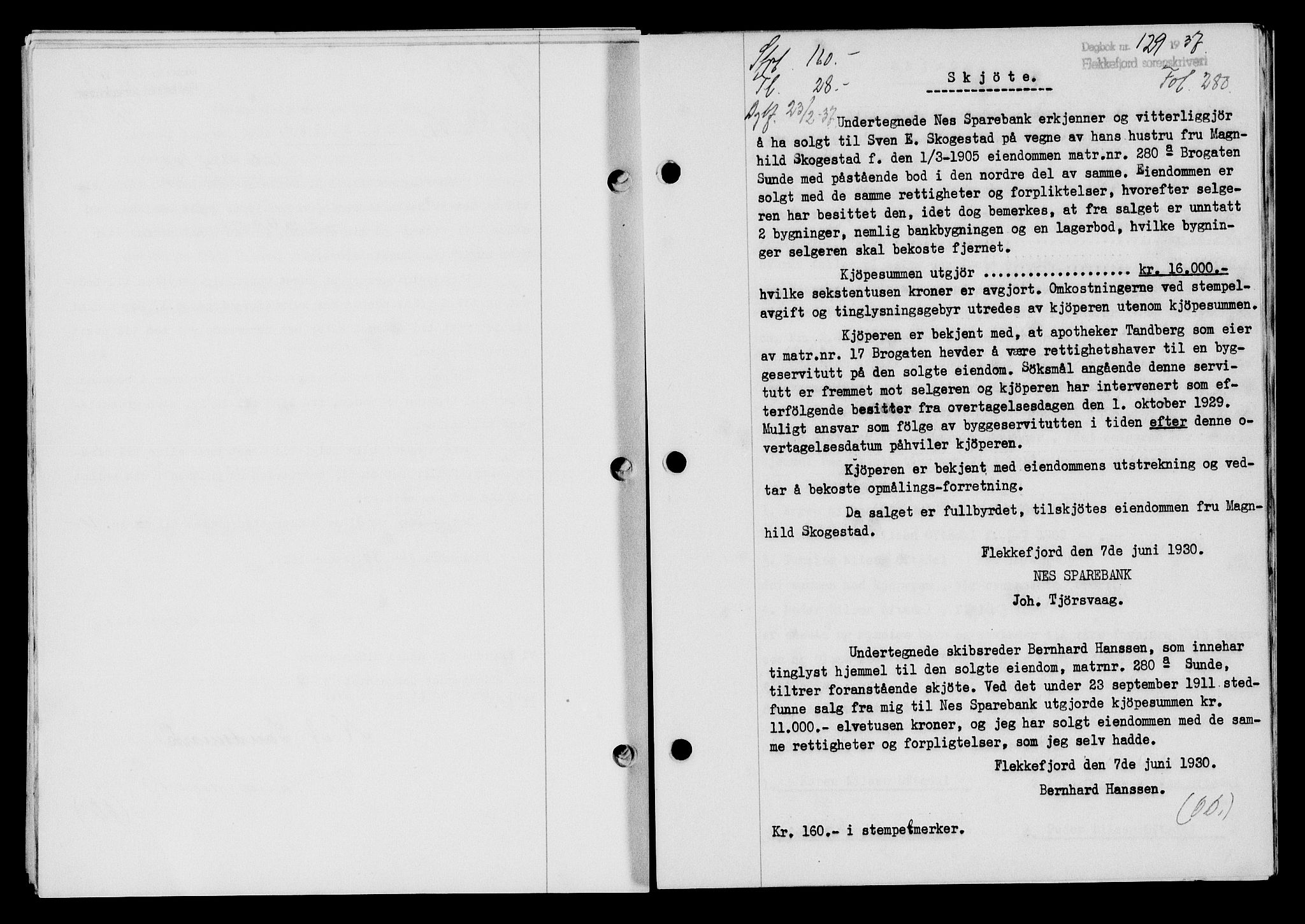 Flekkefjord sorenskriveri, SAK/1221-0001/G/Gb/Gba/L0053: Mortgage book no. A-1, 1936-1937, Diary no: : 129/1937