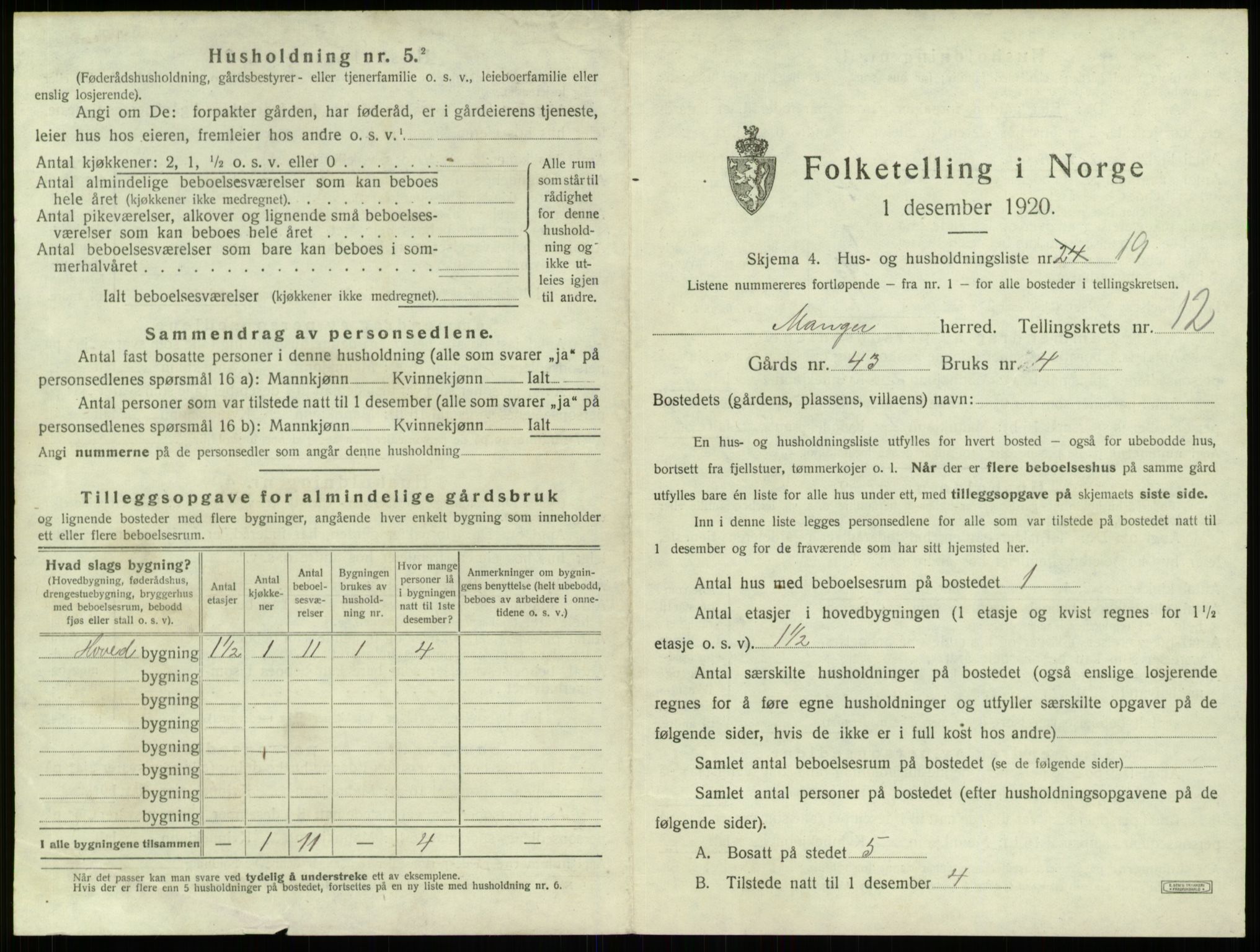 SAB, 1920 census for Manger, 1920, p. 1011