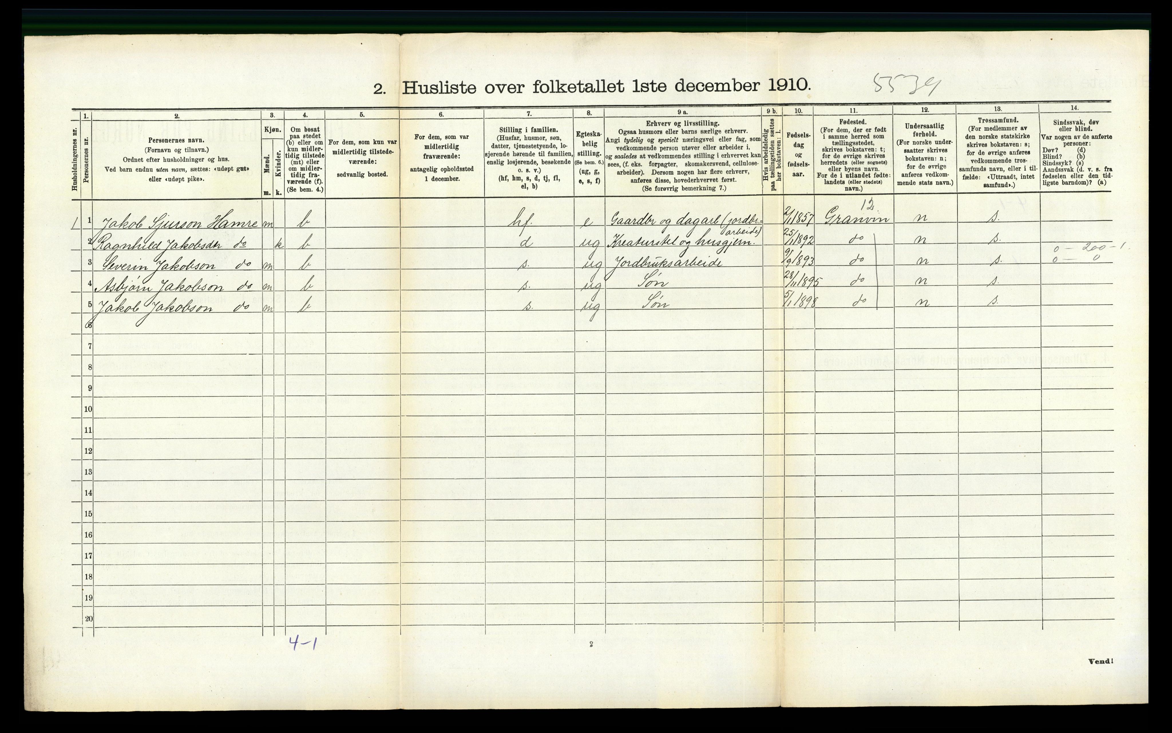 RA, 1910 census for Ullensvang, 1910, p. 1460