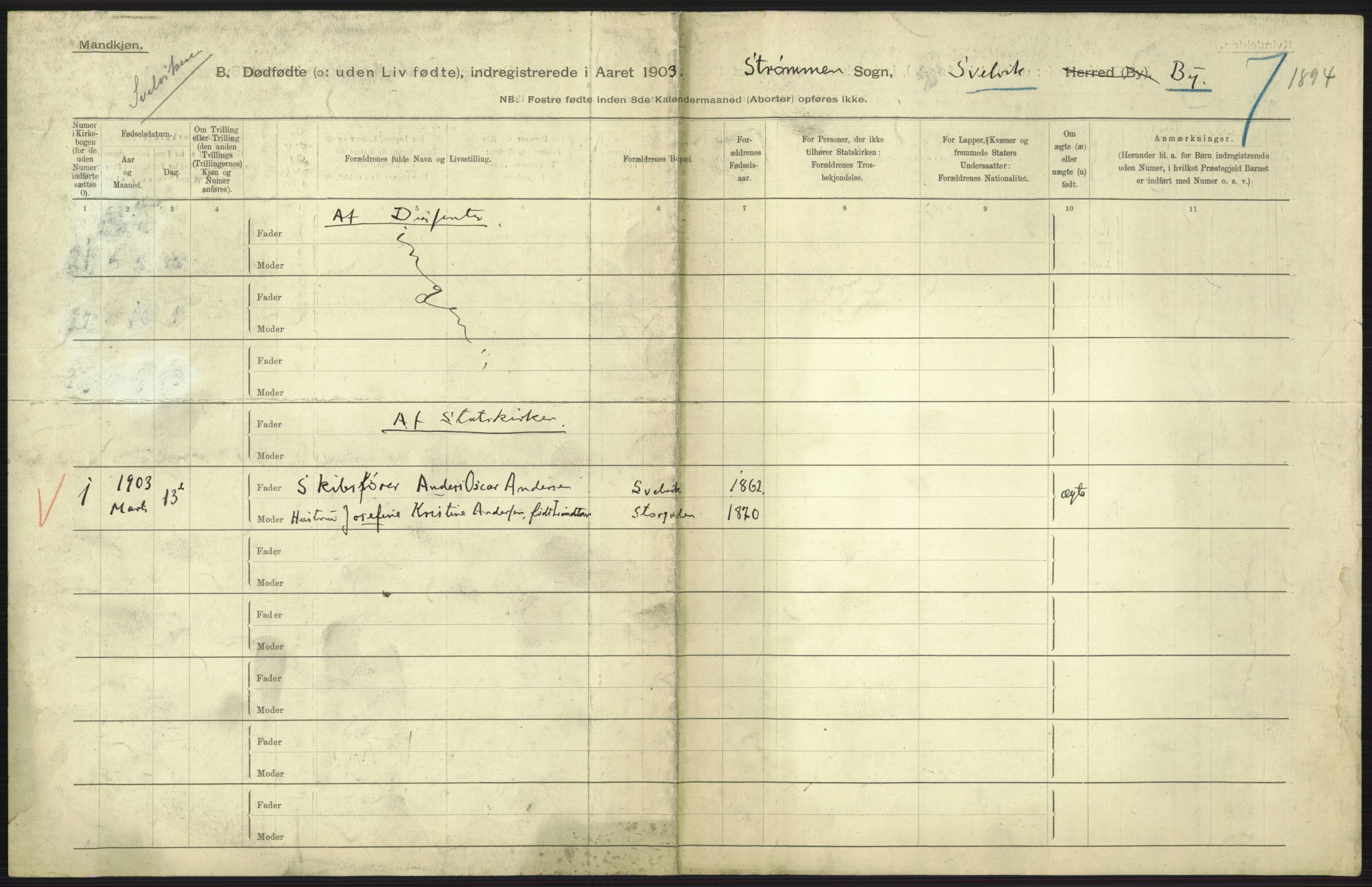 Statistisk sentralbyrå, Sosiodemografiske emner, Befolkning, AV/RA-S-2228/D/Df/Dfa/Dfaa/L0026: Smålenenes - Finnmarkens amt: Dødfødte. Byer., 1903, p. 137