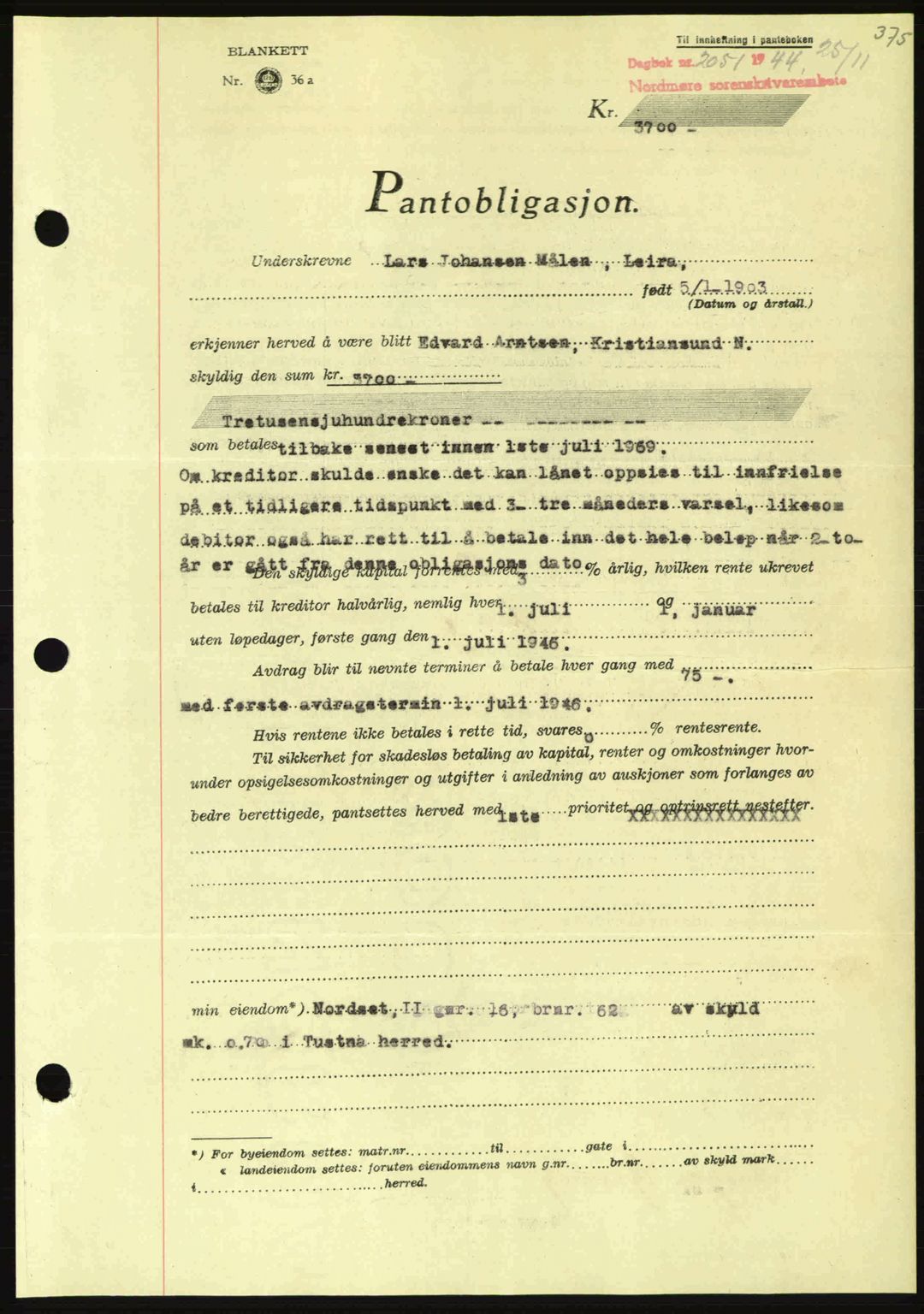 Nordmøre sorenskriveri, AV/SAT-A-4132/1/2/2Ca: Mortgage book no. B92, 1944-1945, Diary no: : 2051/1944