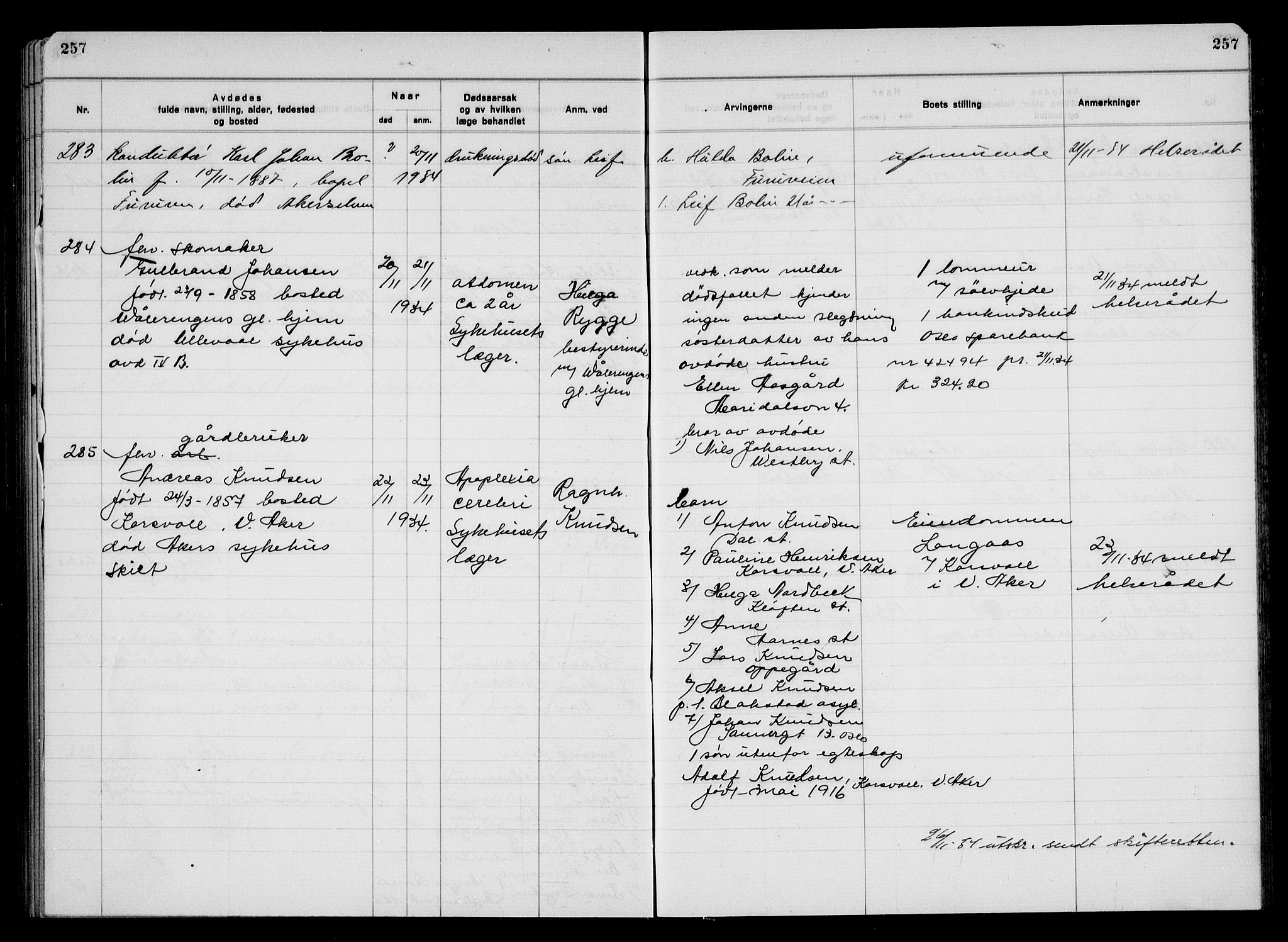 Aker kriminaldommer, skifte- og auksjonsforvalterembete, AV/SAO-A-10452/H/Hb/Hba/Hbac/L0003: Dødsfallsprotokoll for Østre Aker, 1931-1935, p. 257