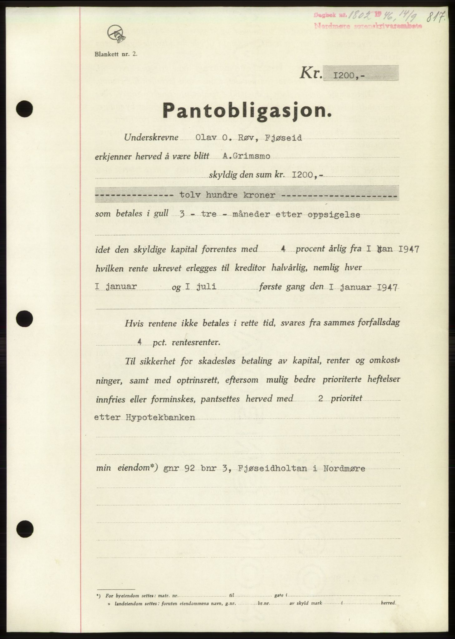 Nordmøre sorenskriveri, AV/SAT-A-4132/1/2/2Ca: Mortgage book no. B94, 1946-1946, Diary no: : 1802/1946