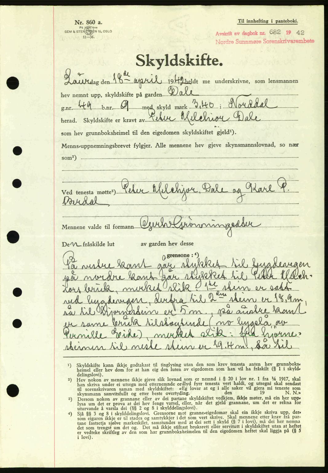 Nordre Sunnmøre sorenskriveri, AV/SAT-A-0006/1/2/2C/2Ca: Mortgage book no. A13, 1942-1942, Diary no: : 682/1942