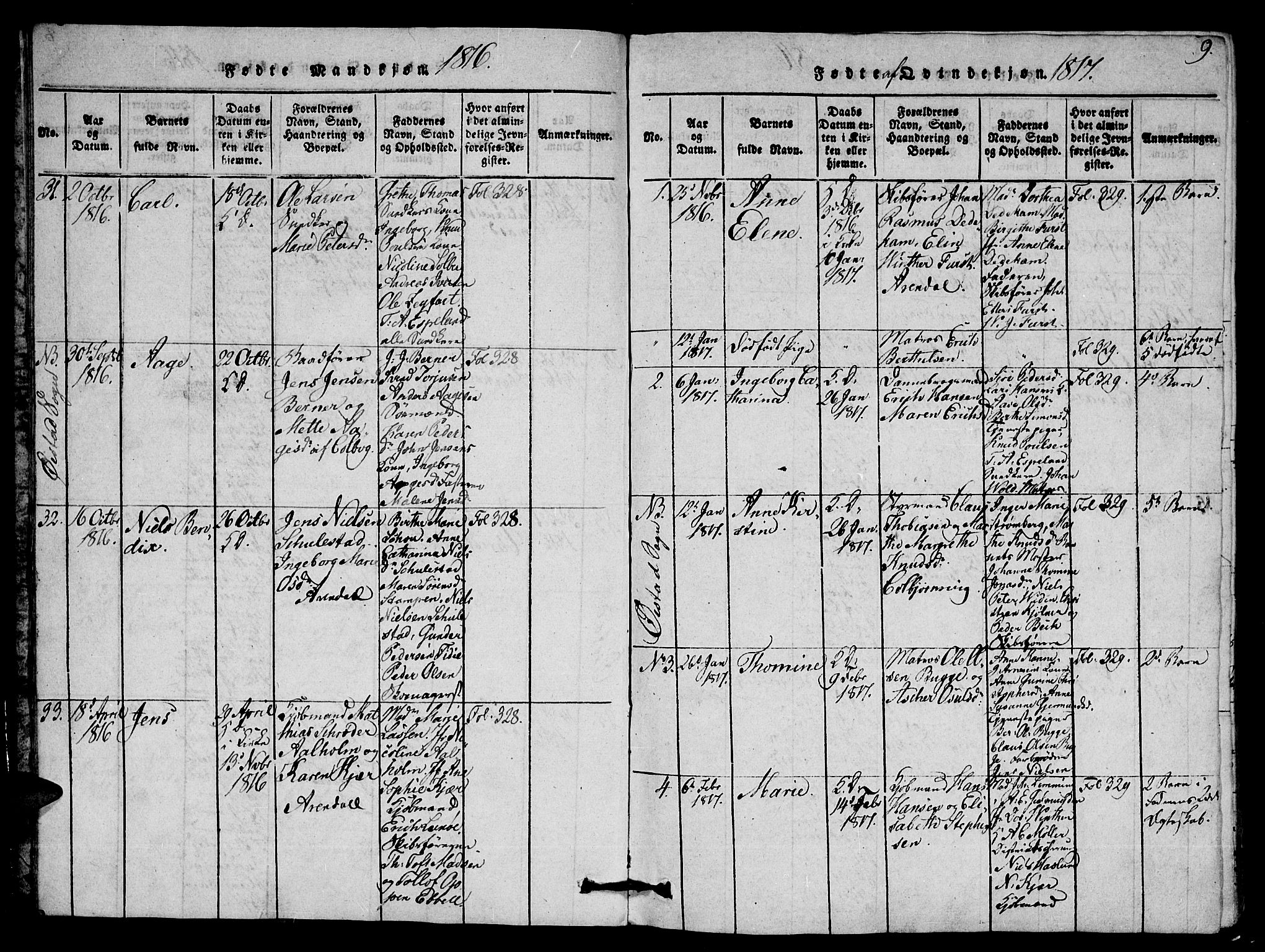 Arendal sokneprestkontor, Trefoldighet, SAK/1111-0040/F/Fb/L0001: Parish register (copy) no. B 1, 1816-1838, p. 9