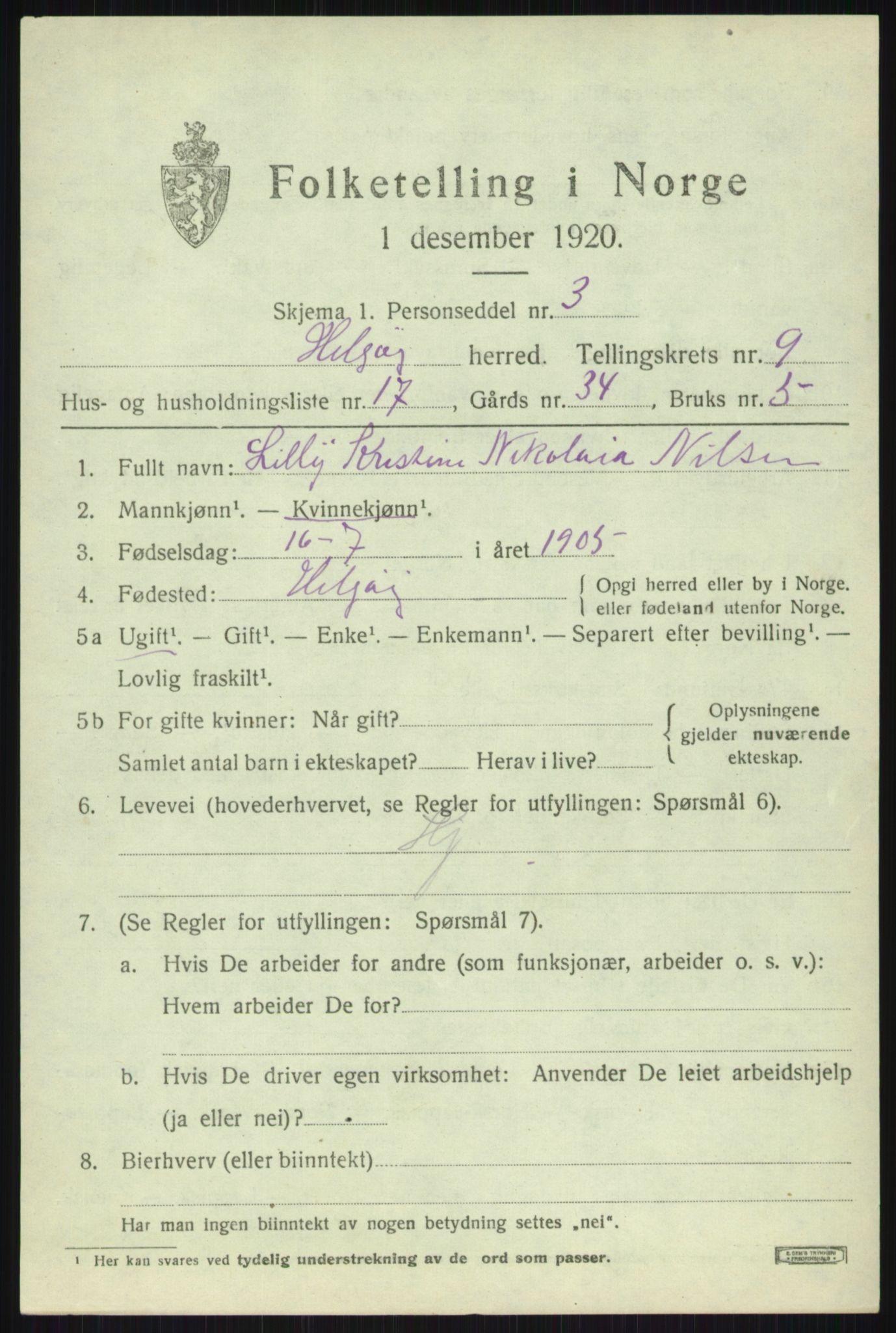 SATØ, 1920 census for Helgøy, 1920, p. 3505