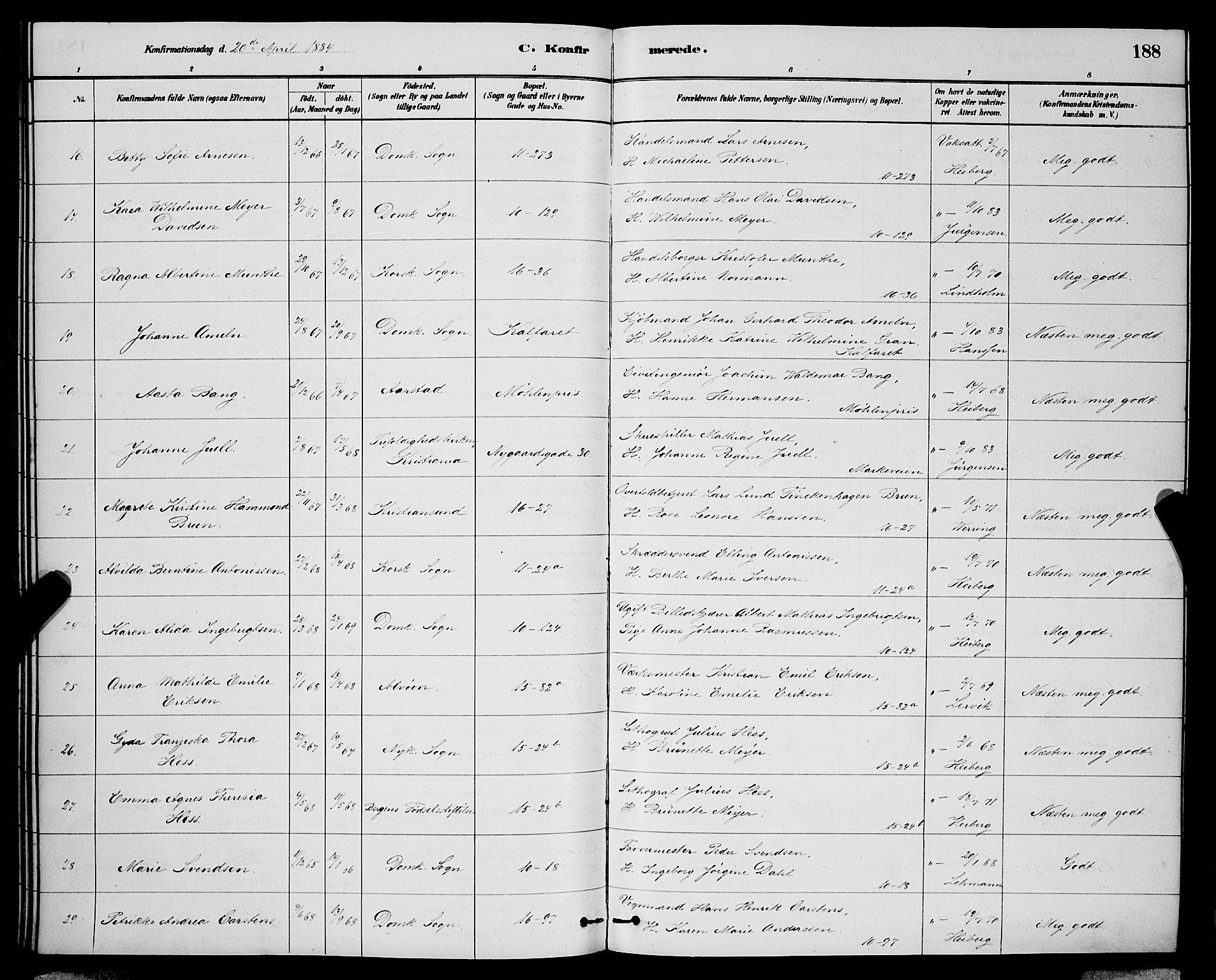 Domkirken sokneprestembete, AV/SAB-A-74801/H/Hab/L0024: Parish register (copy) no. C 4, 1880-1899, p. 188