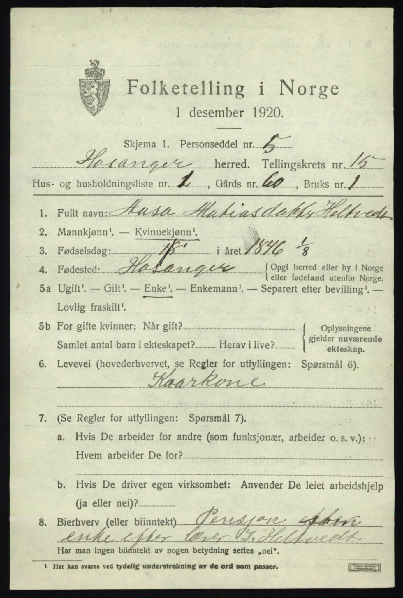 SAB, 1920 census for Hosanger, 1920, p. 5851