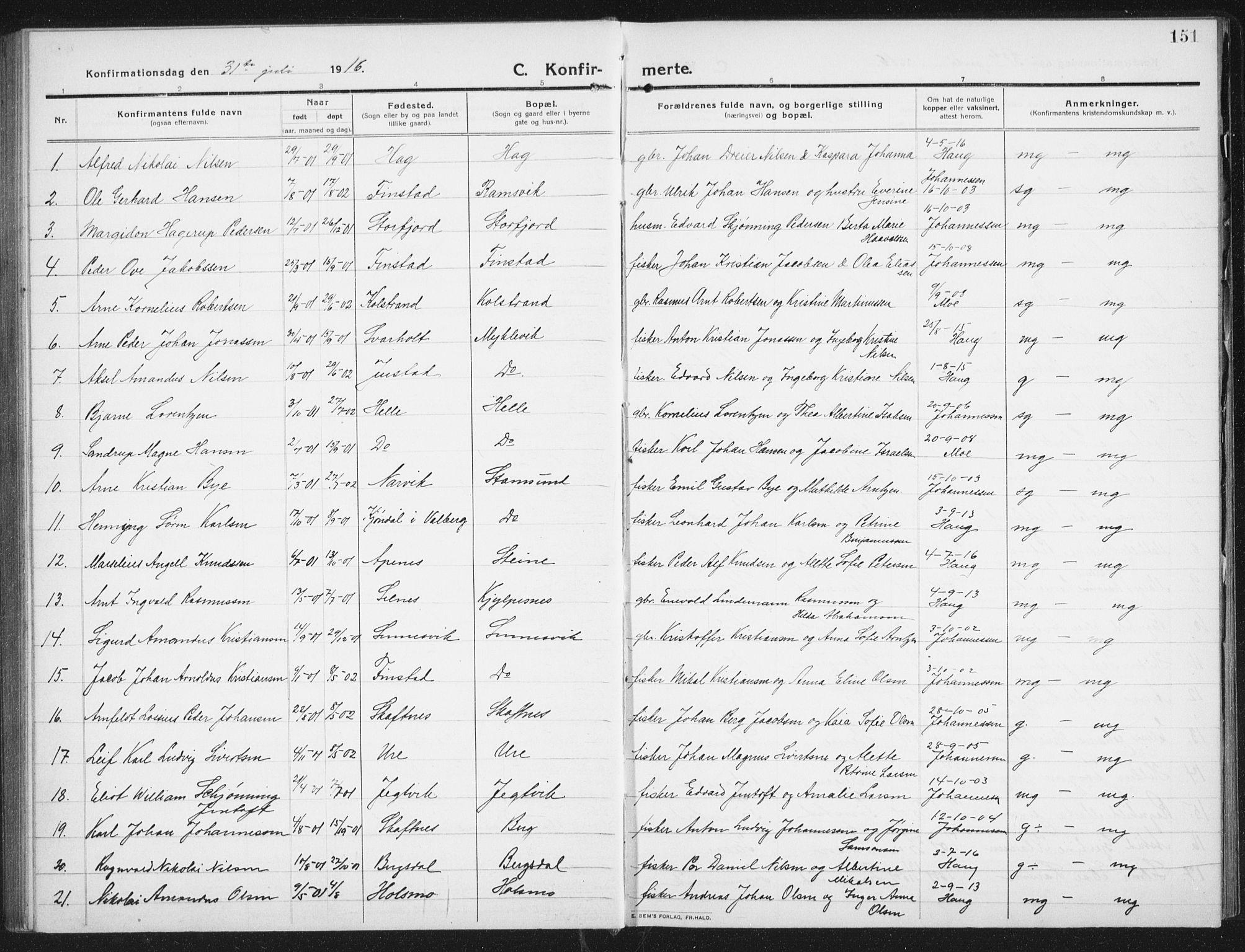Ministerialprotokoller, klokkerbøker og fødselsregistre - Nordland, SAT/A-1459/882/L1183: Parish register (copy) no. 882C01, 1911-1938, p. 151