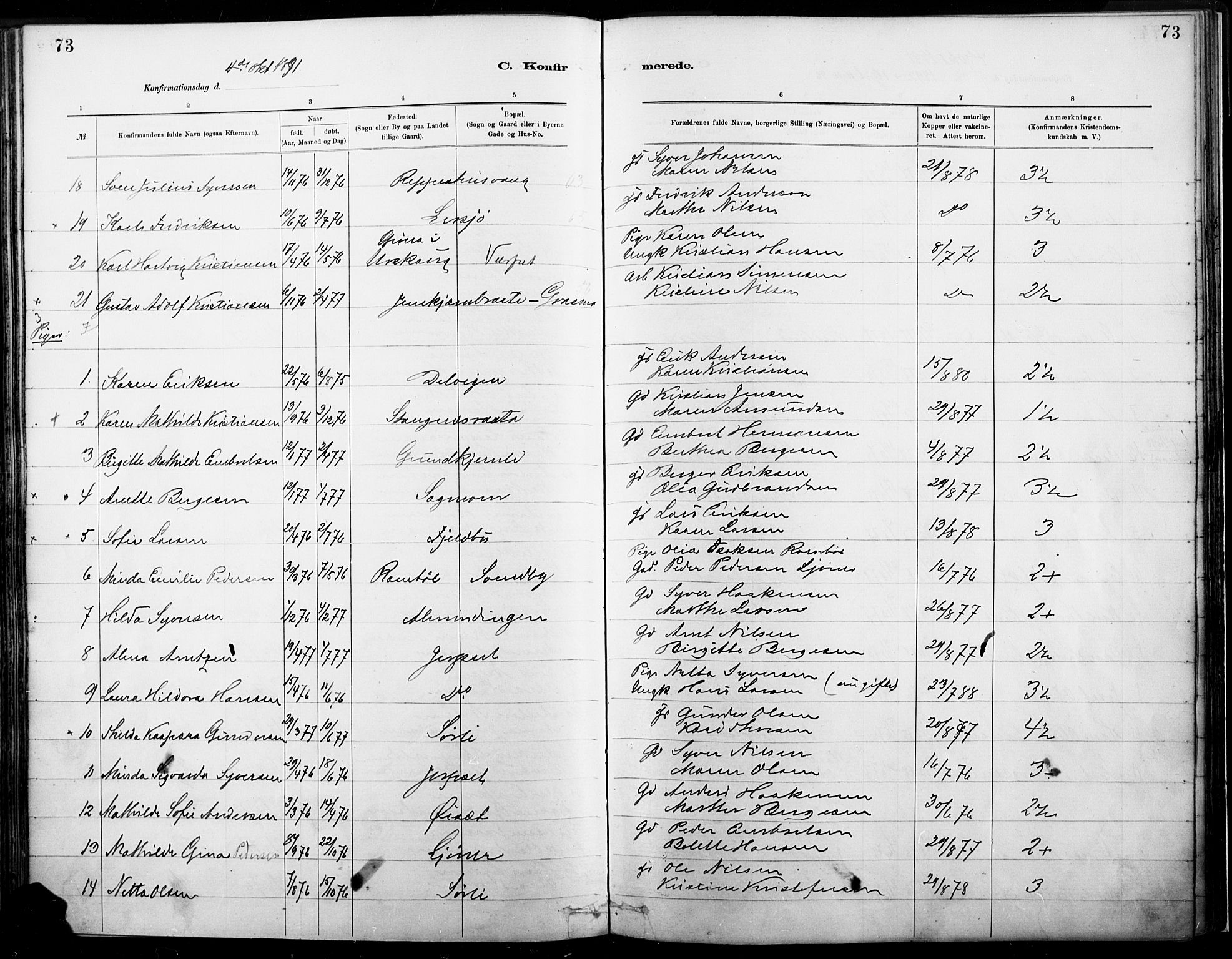 Eidskog prestekontor, SAH/PREST-026/H/Ha/Haa/L0004: Parish register (official) no. 4, 1884-1897, p. 73
