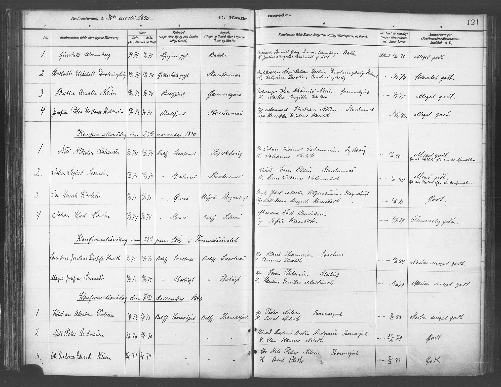 Balsfjord sokneprestembete, AV/SATØ-S-1303/G/Gaa/L0005kirke: Parish register (official) no. 5, 1884-1897, p. 121