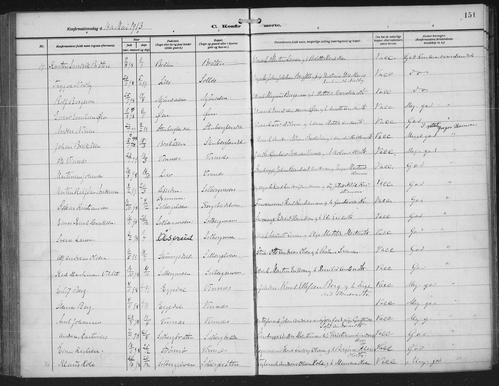 Nedre Eiker kirkebøker, AV/SAKO-A-612/F/Fa/L0007: Parish register (official) no. 7, 1912-1918, p. 151