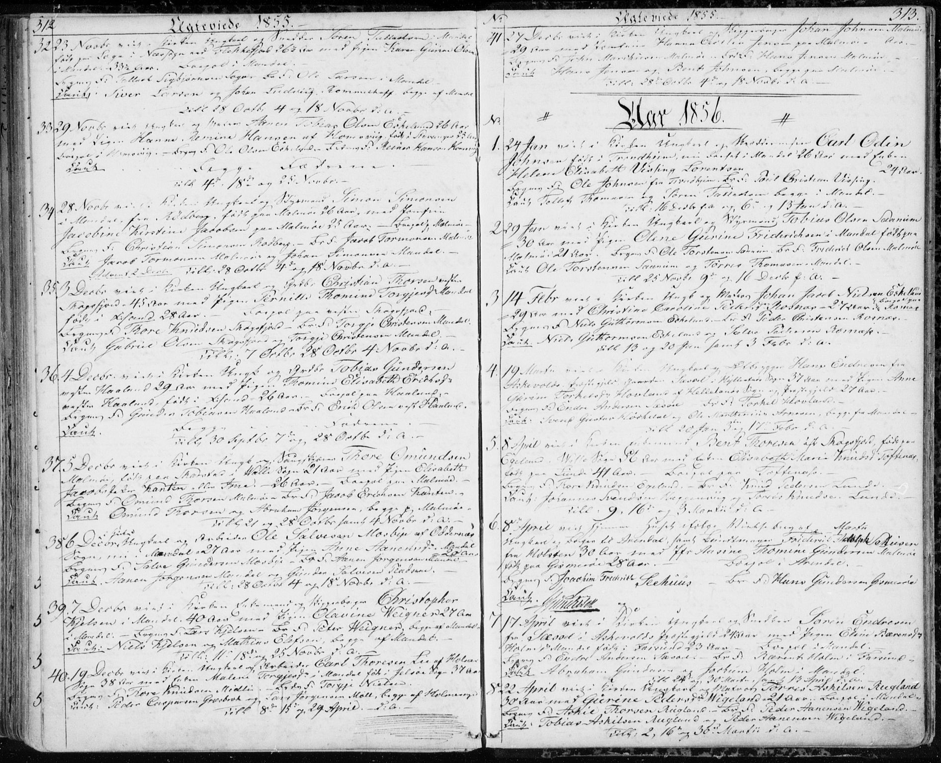 Mandal sokneprestkontor, SAK/1111-0030/F/Fb/Fba/L0008: Parish register (copy) no. B 2, 1854-1868, p. 312-313