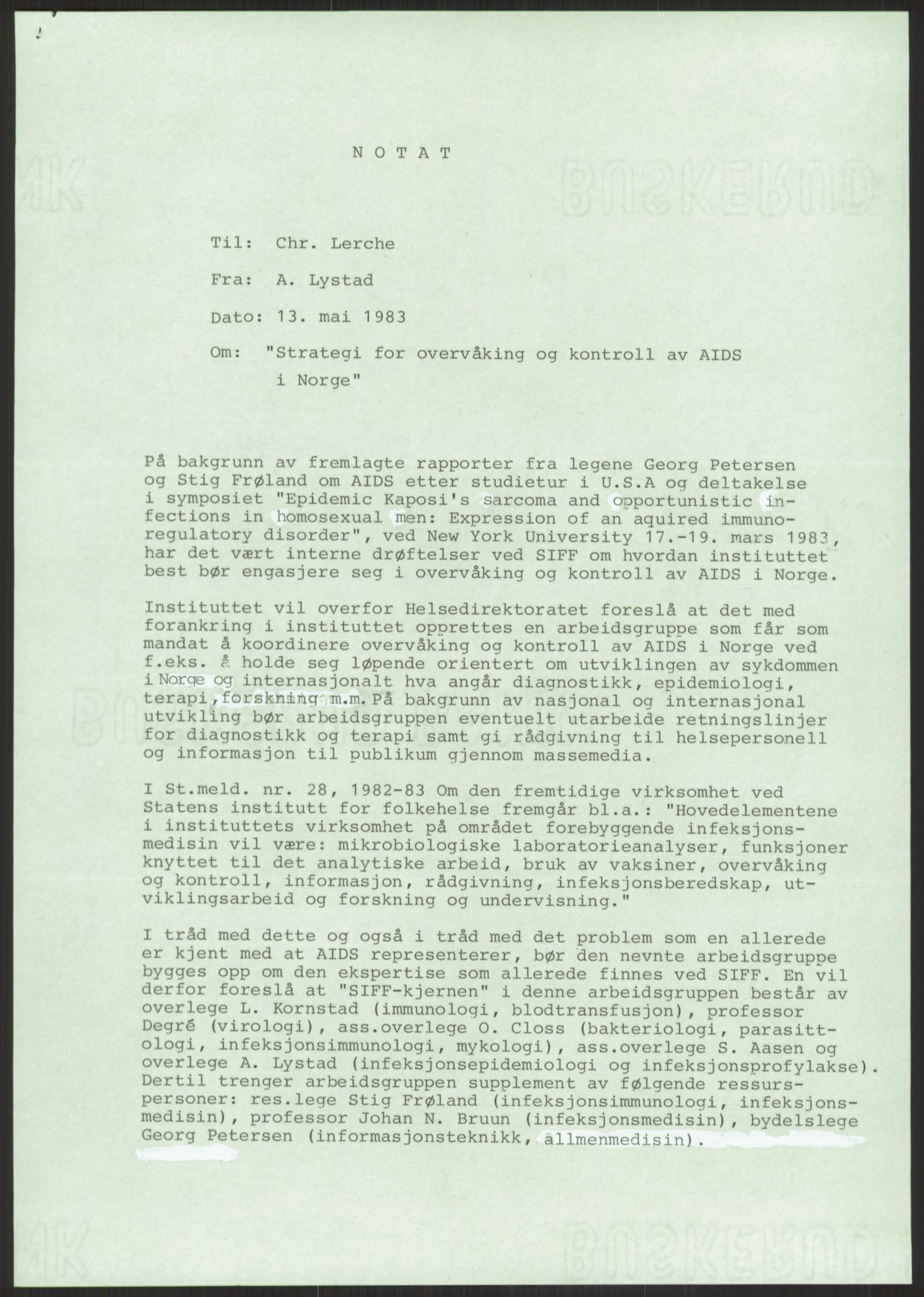 Sosialdepartementet, Helsedirektoratet, Hygienekontoret, H5, AV/RA-S-1287/2/D/Dc/L0151/0001: -- / Aids, 1983, p. 85