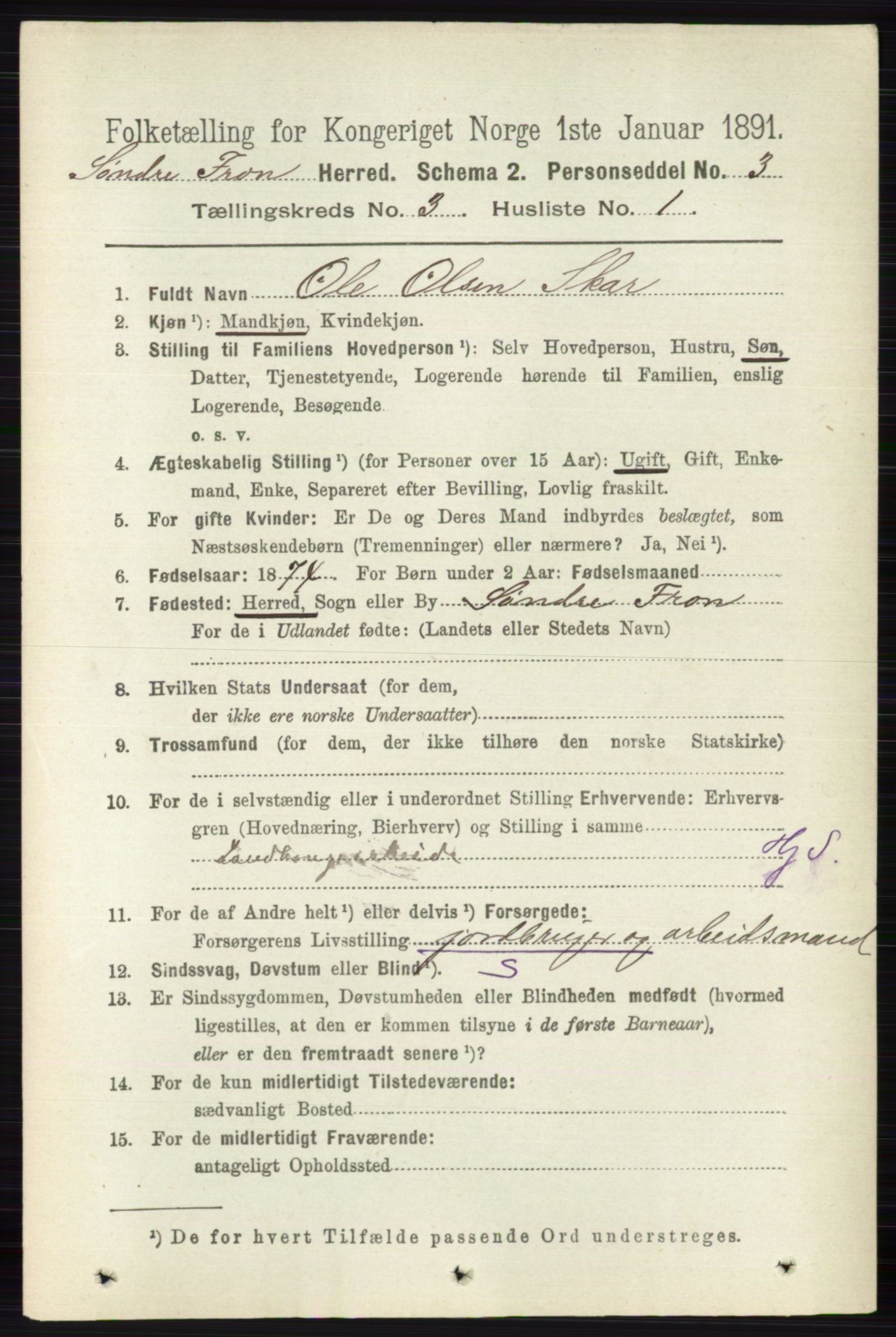 RA, 1891 census for 0519 Sør-Fron, 1891, p. 975