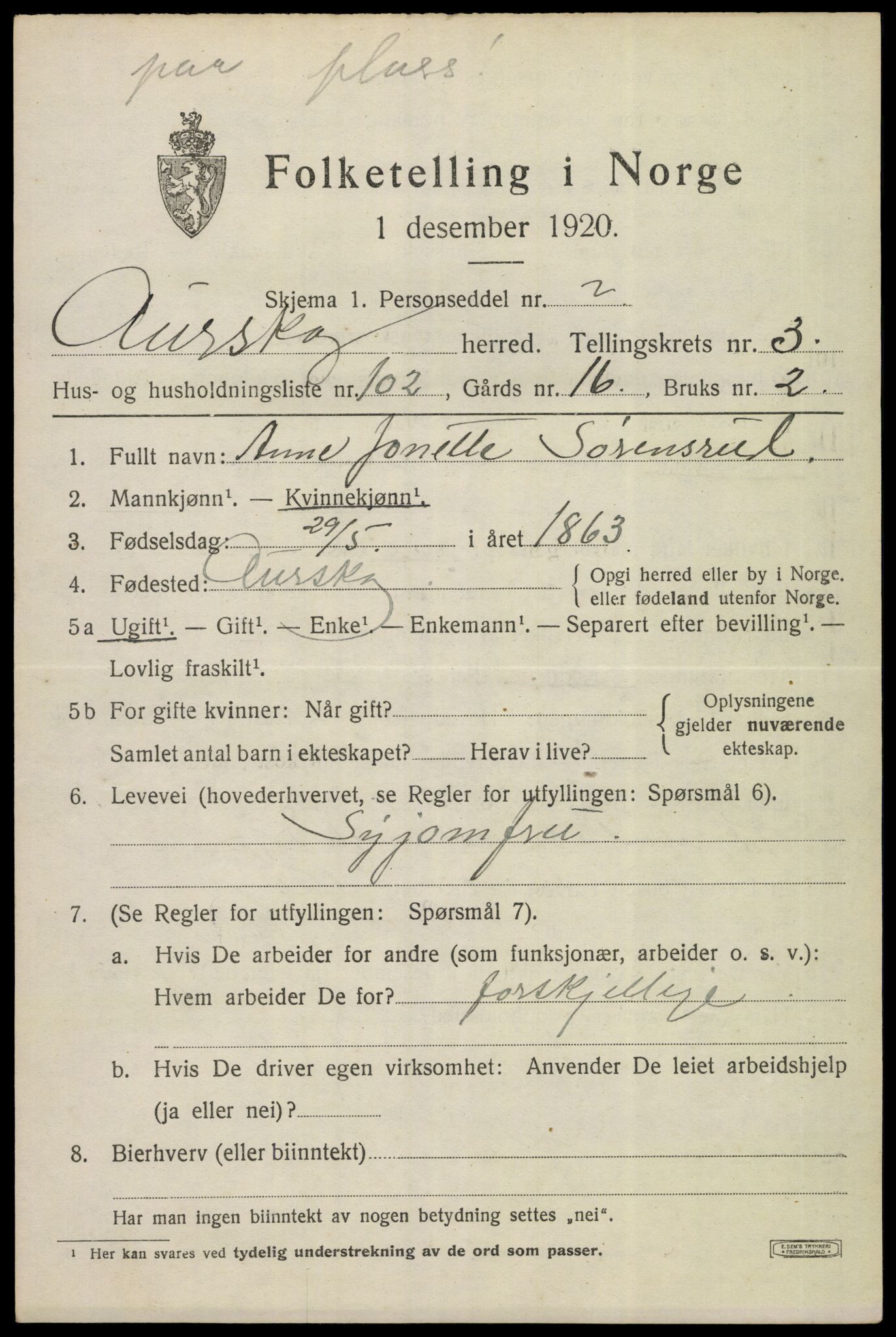 SAO, 1920 census for Aurskog, 1920, p. 4720