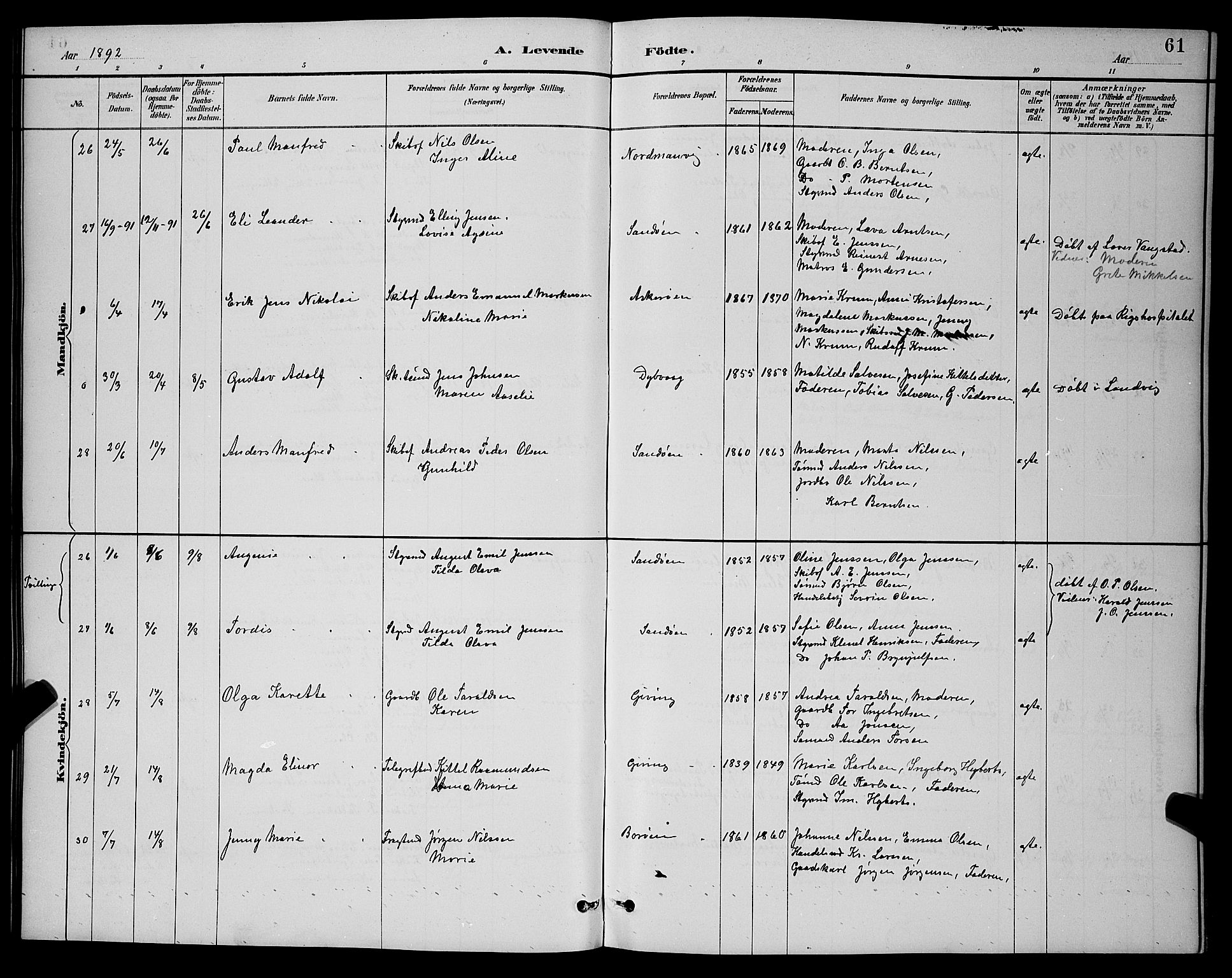 Dypvåg sokneprestkontor, AV/SAK-1111-0007/F/Fb/Fba/L0013: Parish register (copy) no. B 13, 1887-1900, p. 61