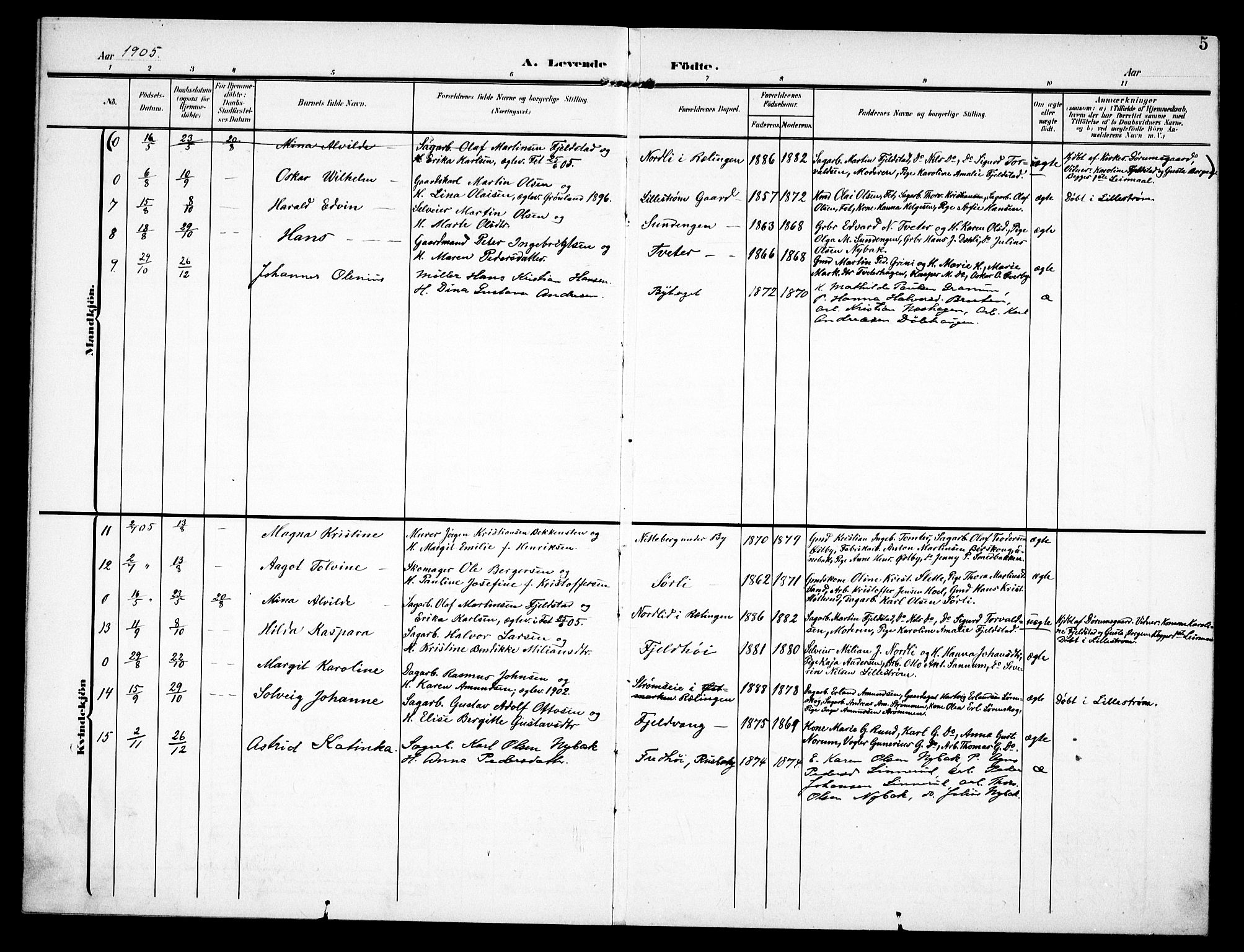 Fet prestekontor Kirkebøker, SAO/A-10370a/F/Fb/L0003: Parish register (official) no. II 3, 1905-1914, p. 5