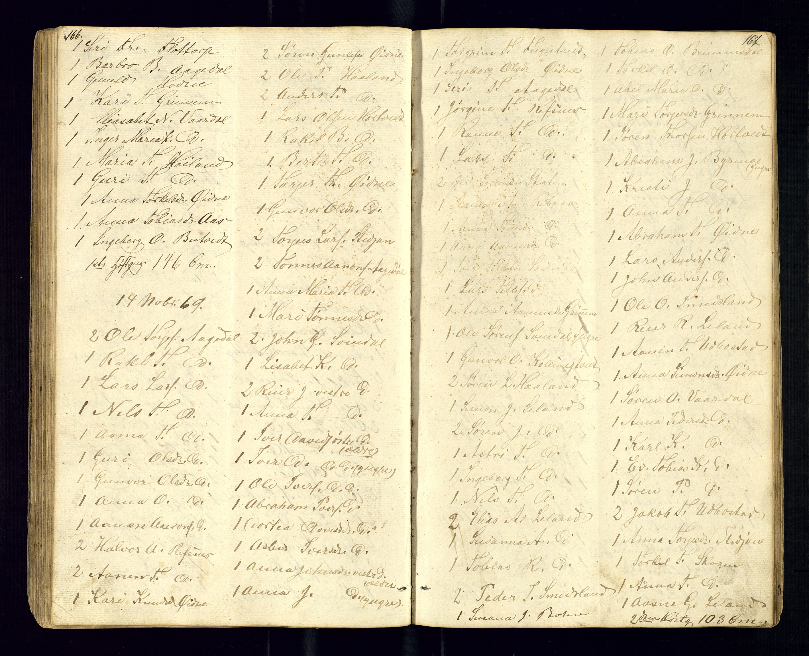 Bjelland sokneprestkontor, AV/SAK-1111-0005/F/Fc/Fcc/L0003: Communicants register no. C-3, 1853-1883, p. 166-167