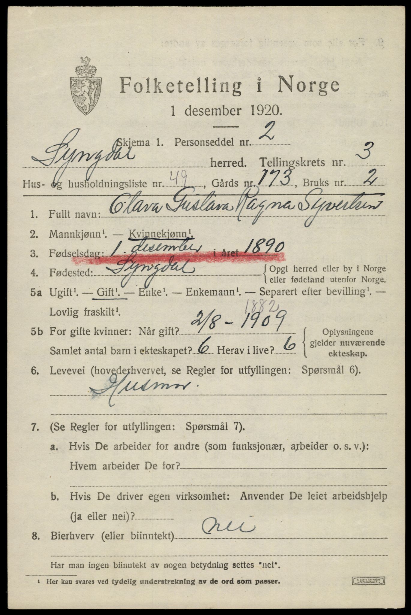 SAK, 1920 census for Lyngdal, 1920, p. 2309
