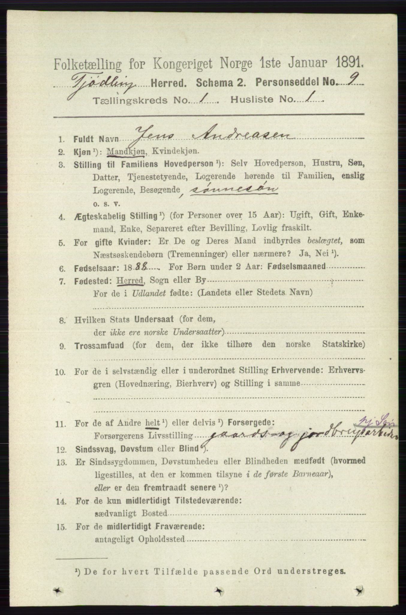 RA, 1891 census for 0725 Tjølling, 1891, p. 95