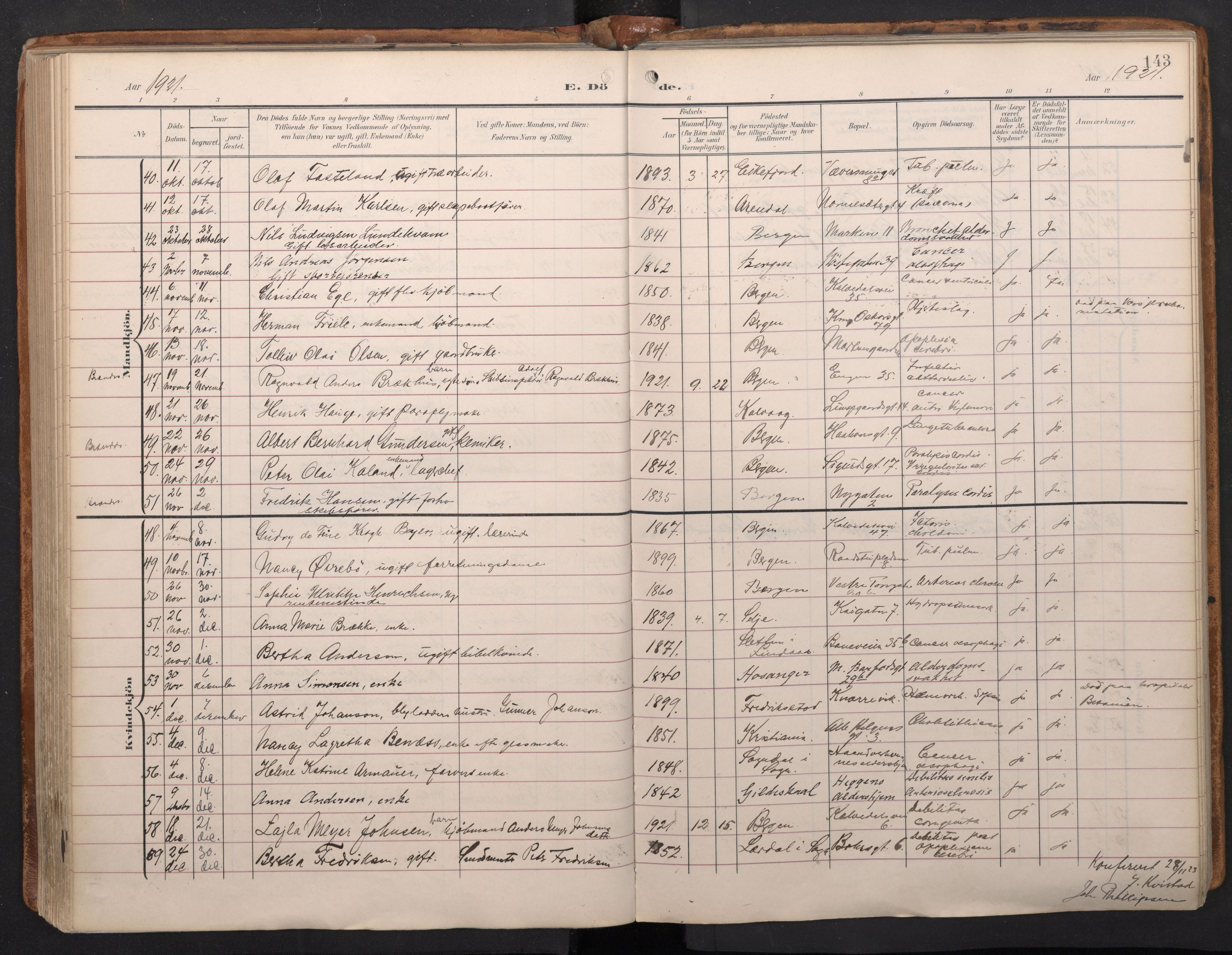 Domkirken sokneprestembete, AV/SAB-A-74801/H/Haa/L0044: Parish register (official) no. E 6, 1904-1946, p. 142b-143a