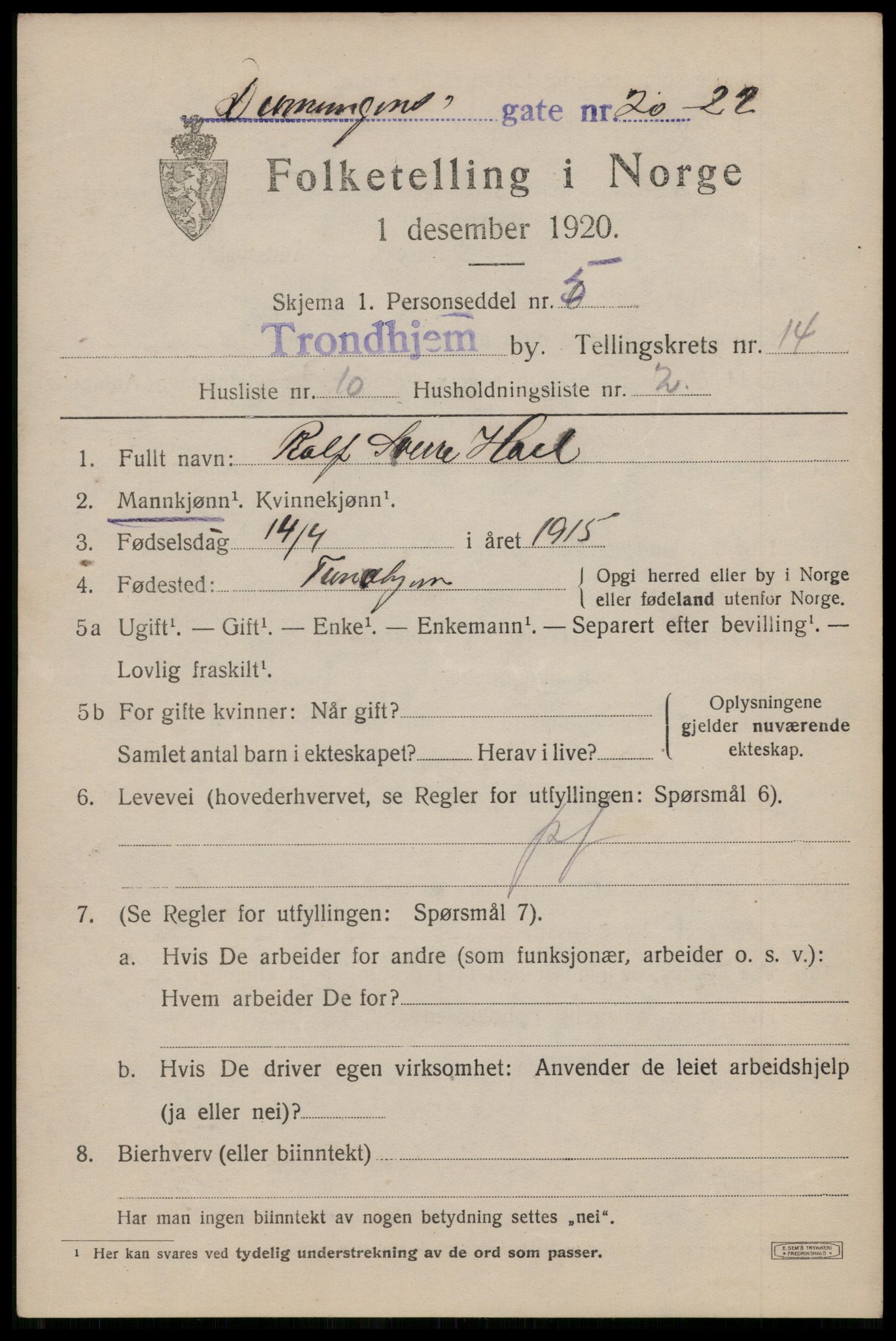 SAT, 1920 census for Trondheim, 1920, p. 50958