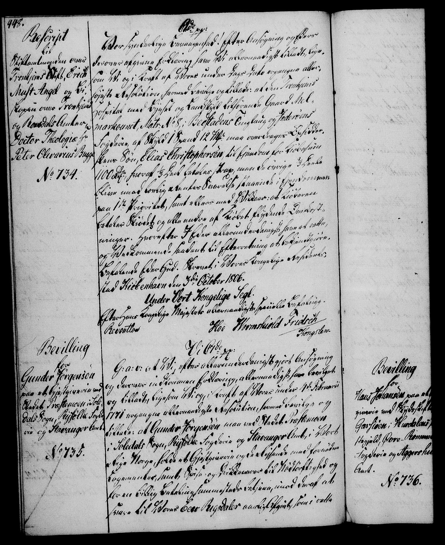 Rentekammeret, Kammerkanselliet, RA/EA-3111/G/Gg/Gga/L0018: Norsk ekspedisjonsprotokoll med register (merket RK 53.18), 1804-1806, p. 448