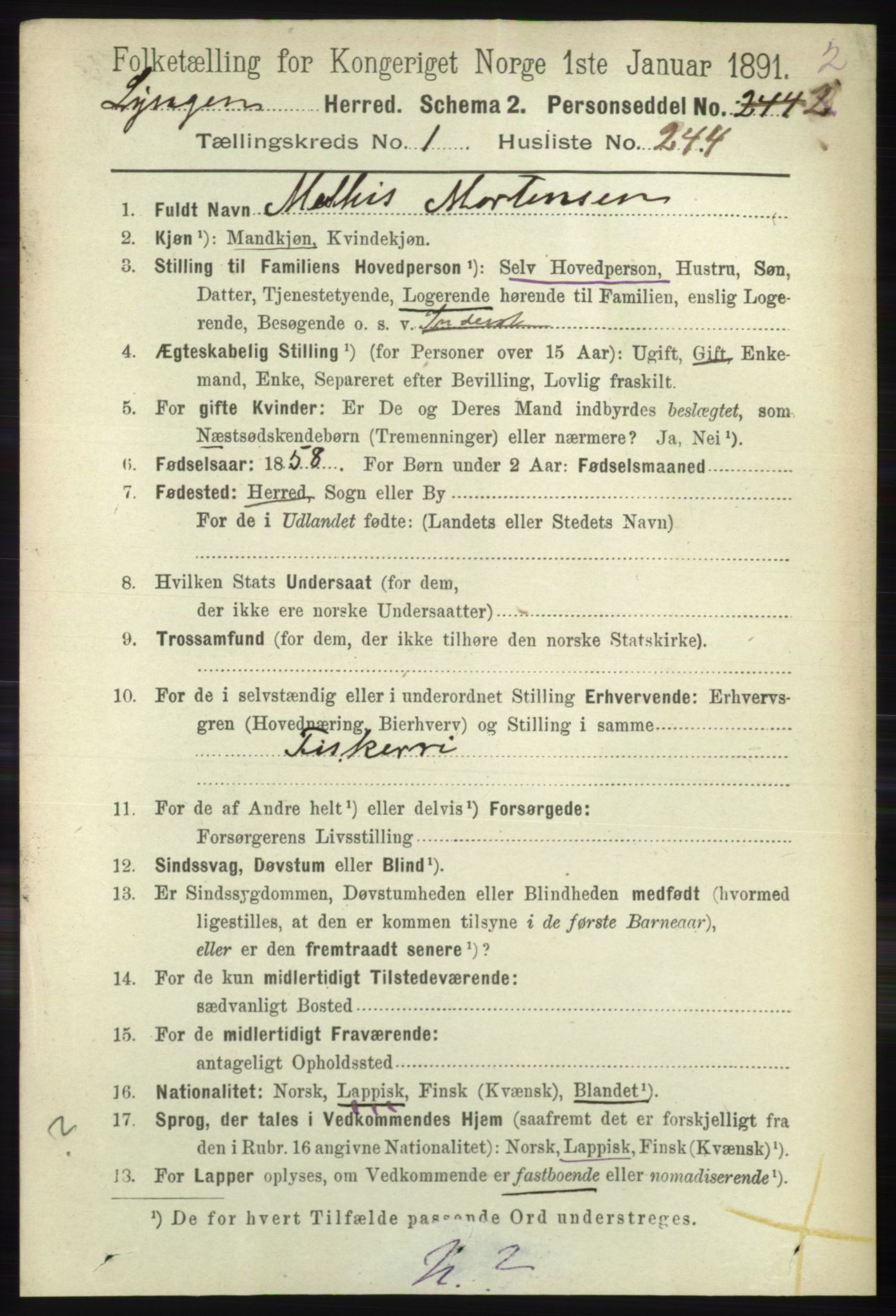 RA, 1891 census for 1938 Lyngen, 1891, p. 1899
