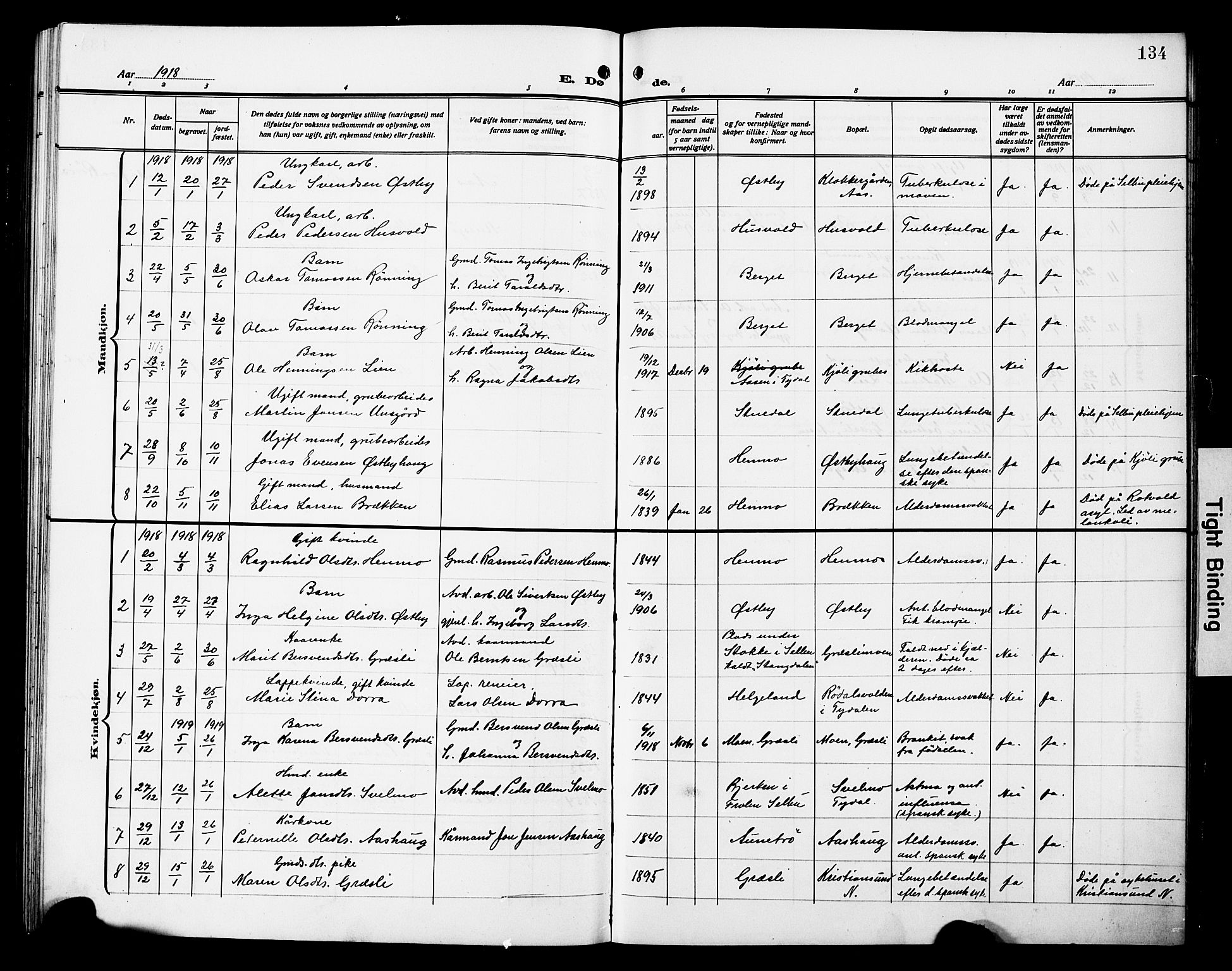 Ministerialprotokoller, klokkerbøker og fødselsregistre - Sør-Trøndelag, SAT/A-1456/698/L1168: Parish register (copy) no. 698C05, 1908-1930, p. 134