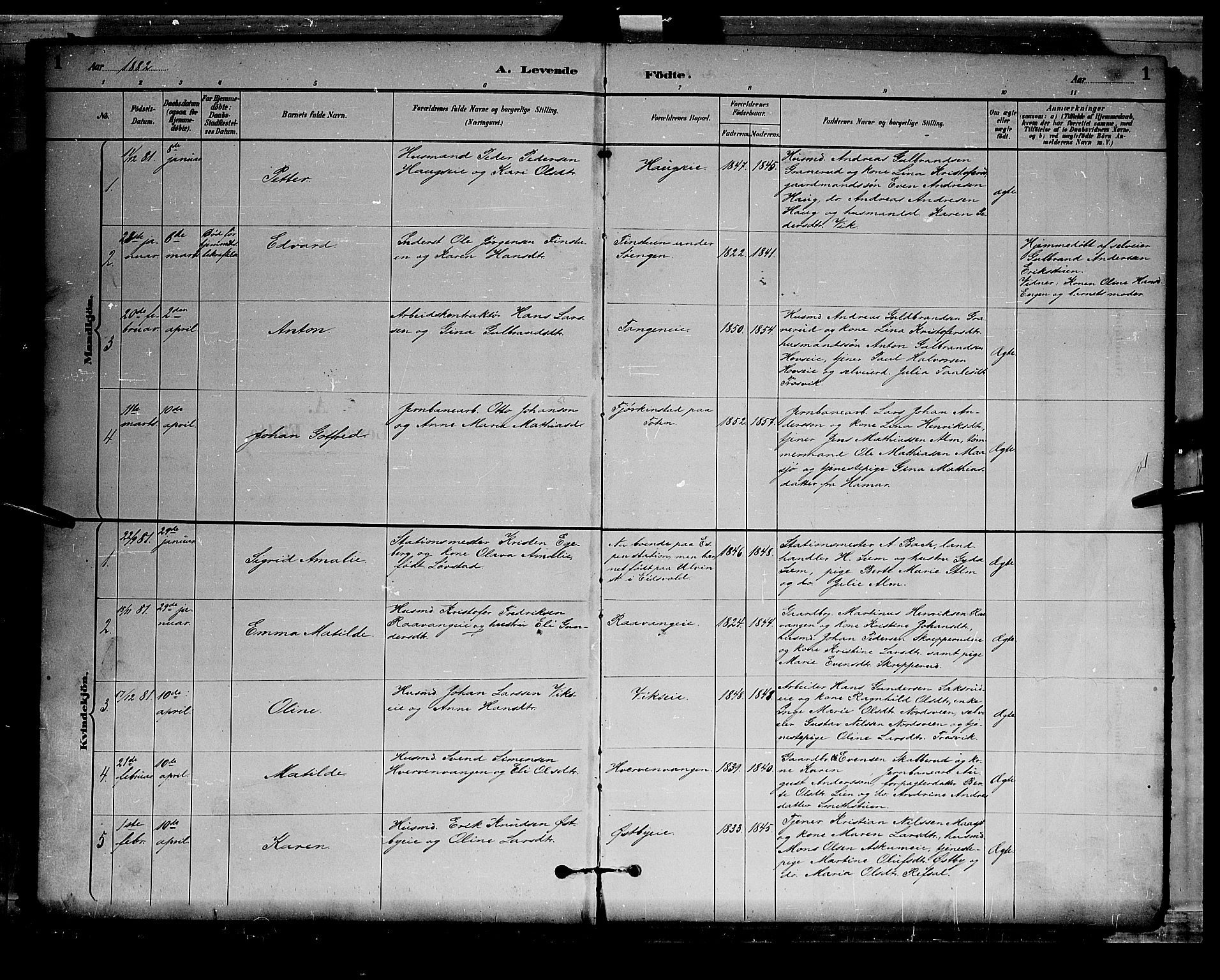 Stange prestekontor, AV/SAH-PREST-002/L/L0008: Parish register (copy) no. 8, 1882-1895, p. 1