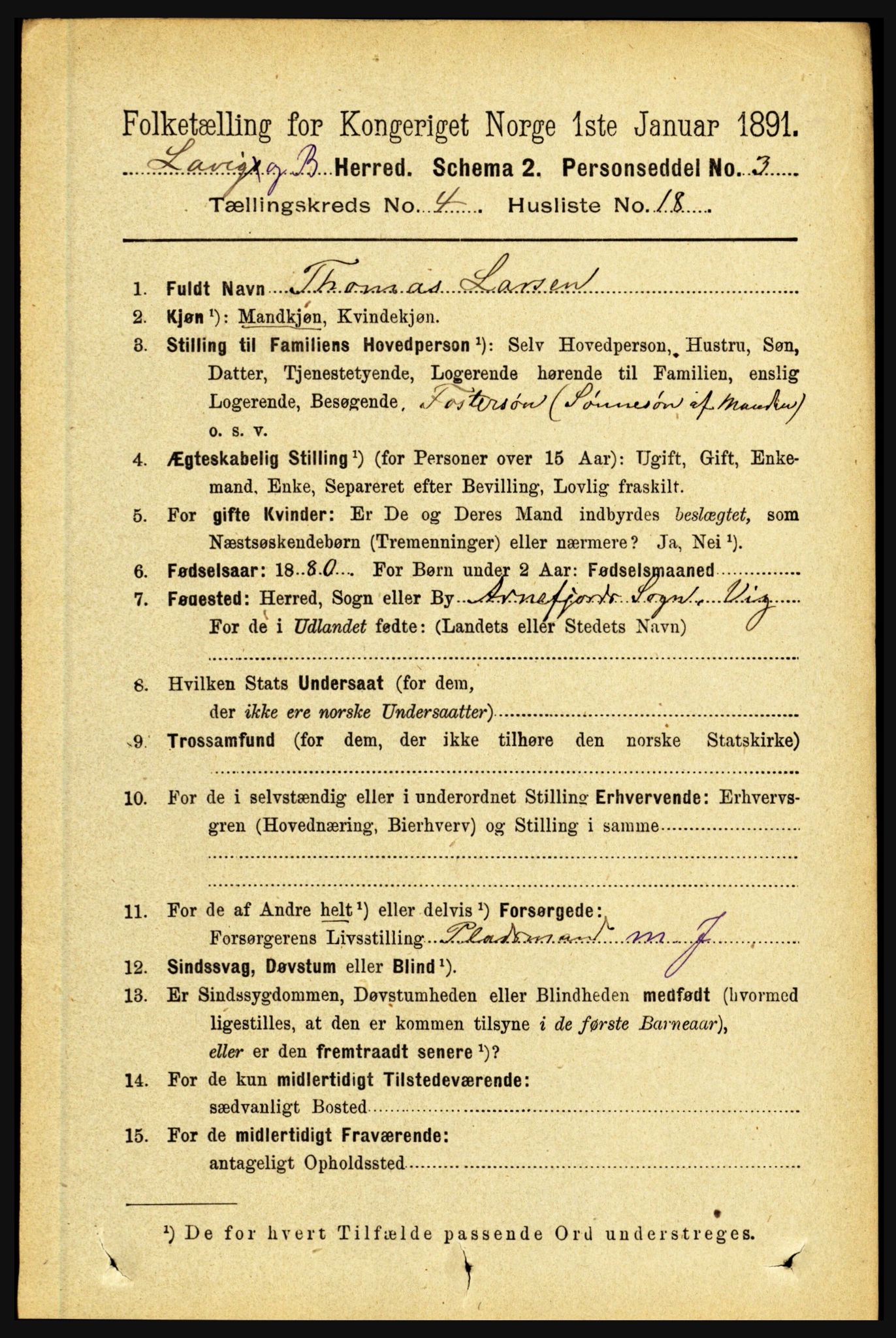 RA, 1891 census for 1415 Lavik og Brekke, 1891, p. 884