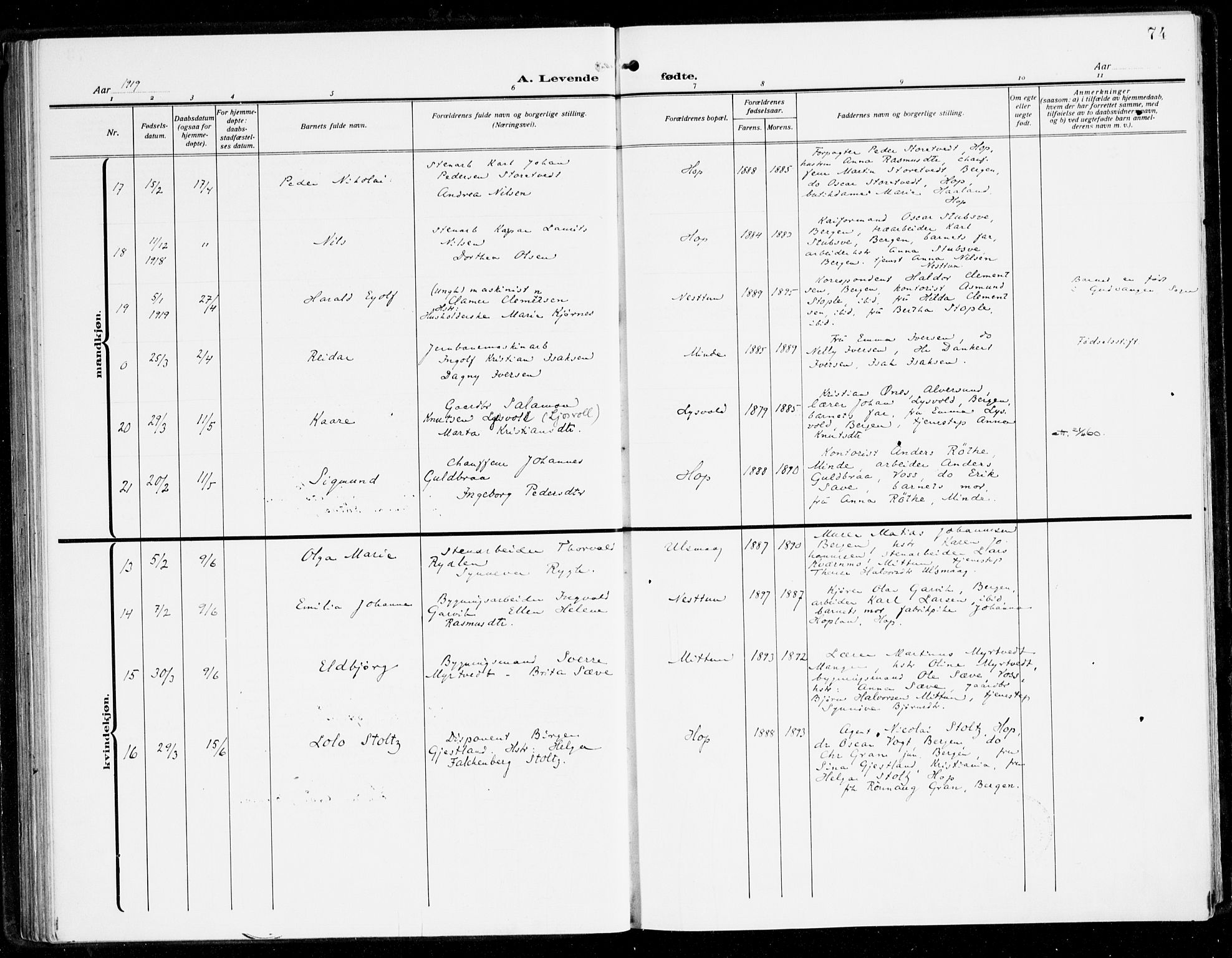 Fana Sokneprestembete, AV/SAB-A-75101/H/Haa/Haai/L0004: Parish register (official) no. I 4, 1912-1933, p. 74