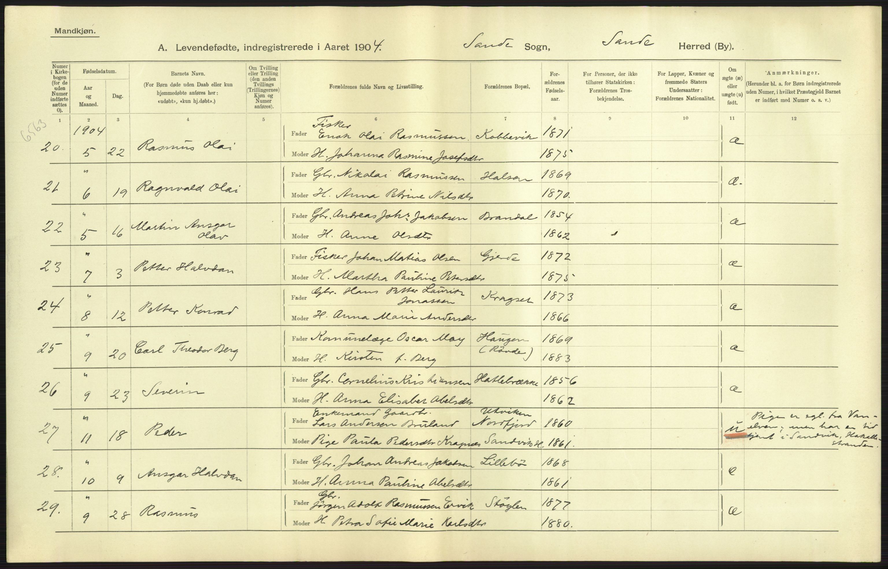 Statistisk sentralbyrå, Sosiodemografiske emner, Befolkning, AV/RA-S-2228/D/Df/Dfa/Dfab/L0016: Romsdals amt: Fødte, gifte, døde., 1904, p. 21