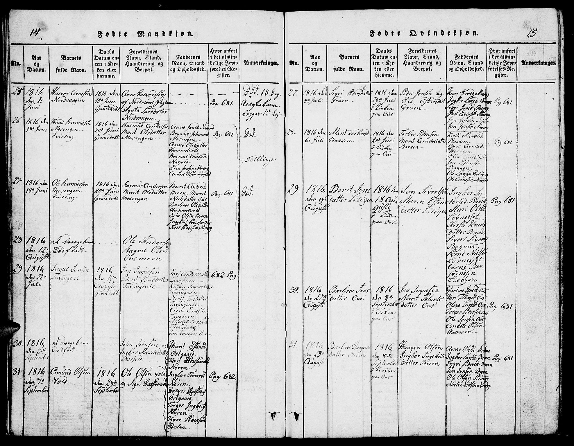 Tolga prestekontor, SAH/PREST-062/L/L0002: Parish register (copy) no. 2, 1815-1844, p. 14-15